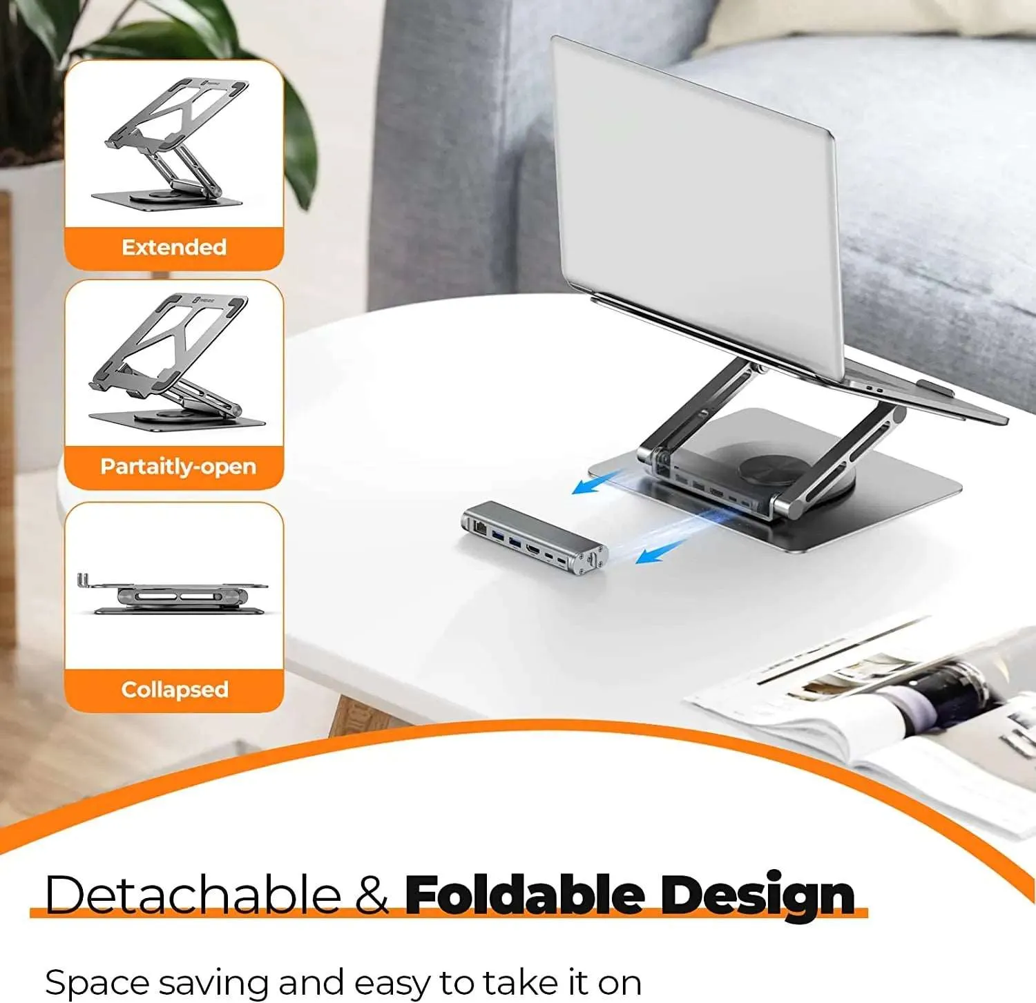 Laptop Docking Station Stand for MacBook Pro/Air/Dell/HP/Surface/Lenovo, Detachable USB C Hub, 4K HDMI, 2 USB 3.0, RJ45, PD 3.0, Universal Laptop Dock with 360 Rotating Base