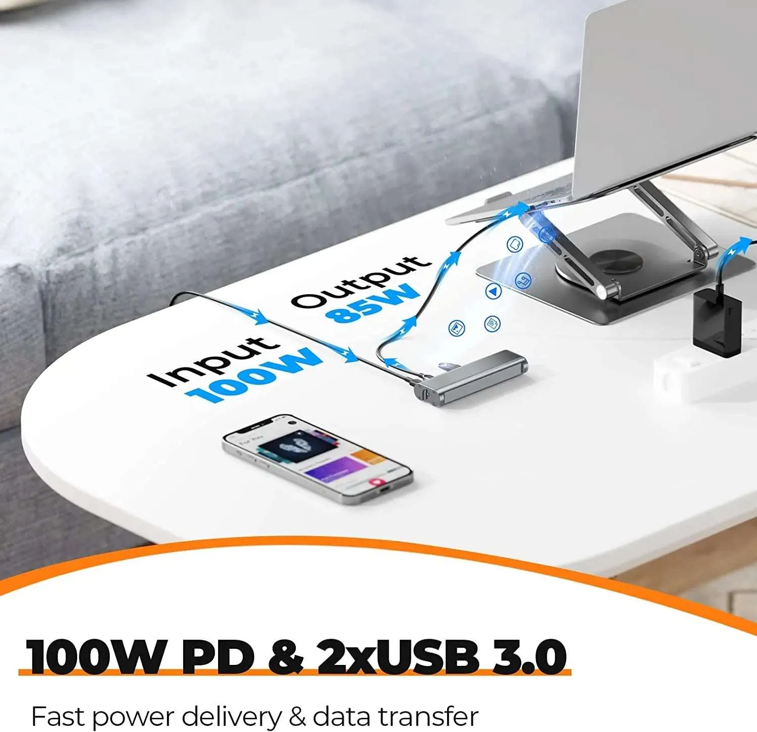 Laptop Docking Station Stand for MacBook Pro/Air/Dell/HP/Surface/Lenovo, Detachable USB C Hub, 4K HDMI, 2 USB 3.0, RJ45, PD 3.0, Universal Laptop Dock with 360 Rotating Base