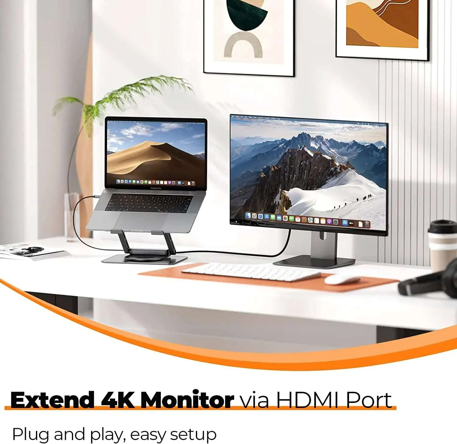 Laptop Docking Station Stand for MacBook Pro/Air/Dell/HP/Surface/Lenovo, Detachable USB C Hub, 4K HDMI, 2 USB 3.0, RJ45, PD 3.0, Universal Laptop Dock with 360 Rotating Base