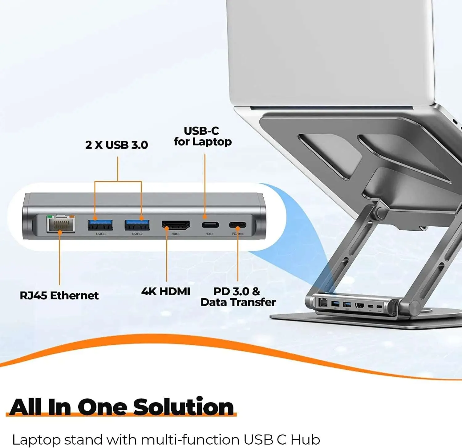 Laptop Docking Station Stand for MacBook Pro/Air/Dell/HP/Surface/Lenovo, Detachable USB C Hub, 4K HDMI, 2 USB 3.0, RJ45, PD 3.0, Universal Laptop Dock with 360 Rotating Base