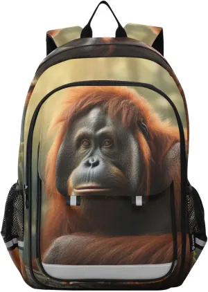 Large Backpack Orangutan Forest Log for Men Women Travel Laptop Daypack Book Bag Shoulder Bag Cute Cool Funny Backpack with Reflective Strip 12.9 ×17.7 In