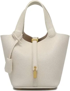 Large Capacity Handbag Soft Leather Bucket Bag, Top Handle with Lock Closure
