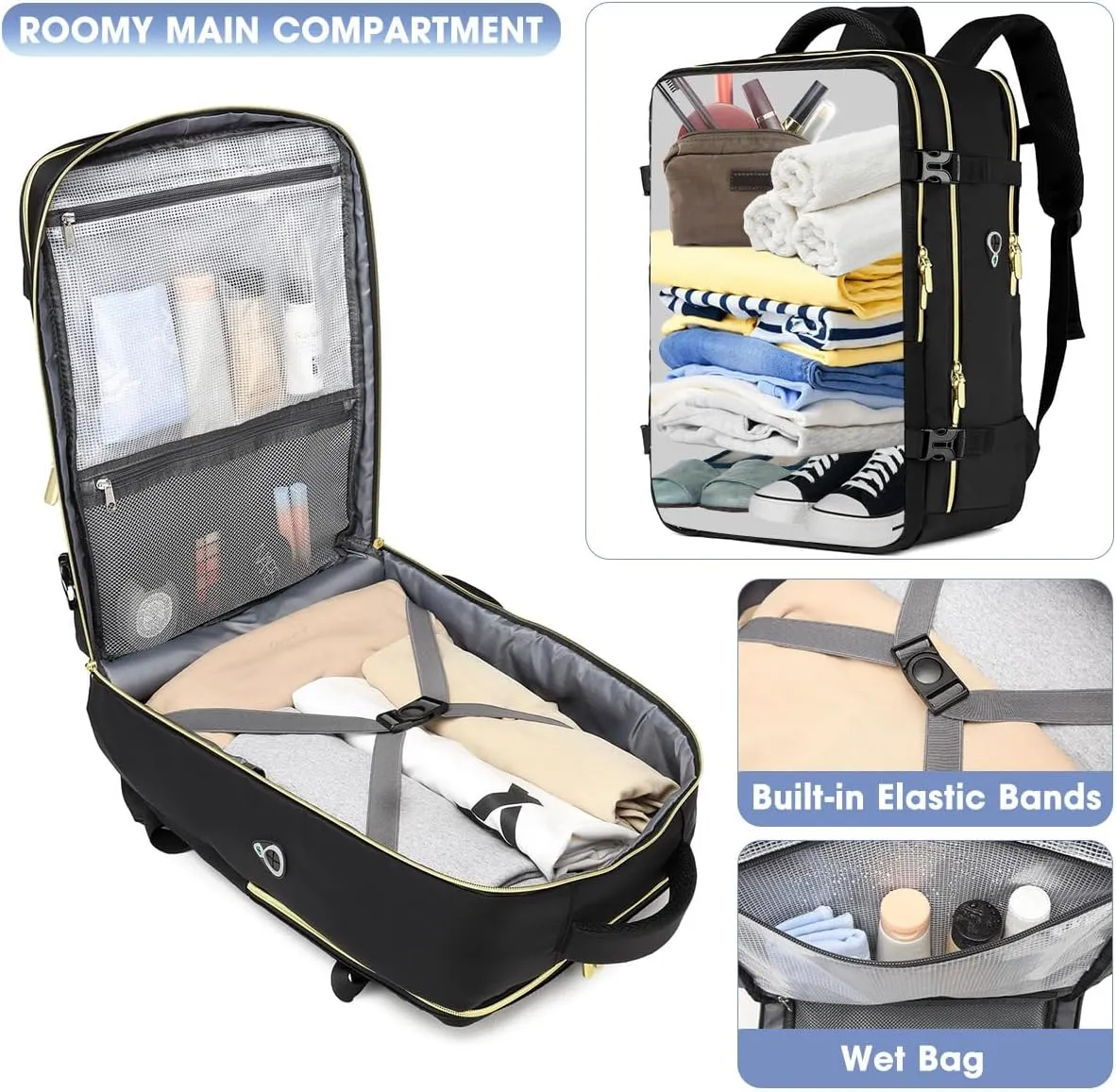 Large Carry On Travel Backpack - Flight Approved Waterproof Luggage Suitcase Backpacks Personal Item Size for Women Fit 17 Inch Laptop College Overnight Weekender Bag With 3 Packing Cube Black