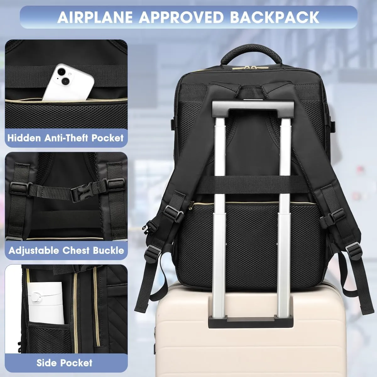 Large Carry On Travel Backpack - Flight Approved Waterproof Luggage Suitcase Backpacks Personal Item Size for Women Fit 17 Inch Laptop College Overnight Weekender Bag With 3 Packing Cube Black
