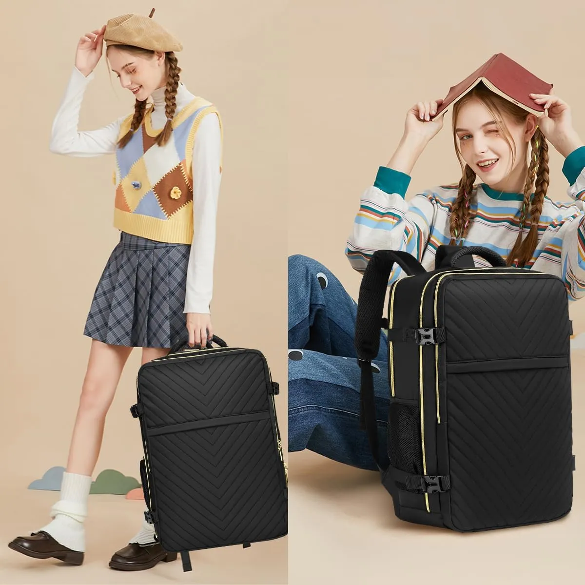 Large Carry On Travel Backpack - Flight Approved Waterproof Luggage Suitcase Backpacks Personal Item Size for Women Fit 17 Inch Laptop College Overnight Weekender Bag With 3 Packing Cube Black