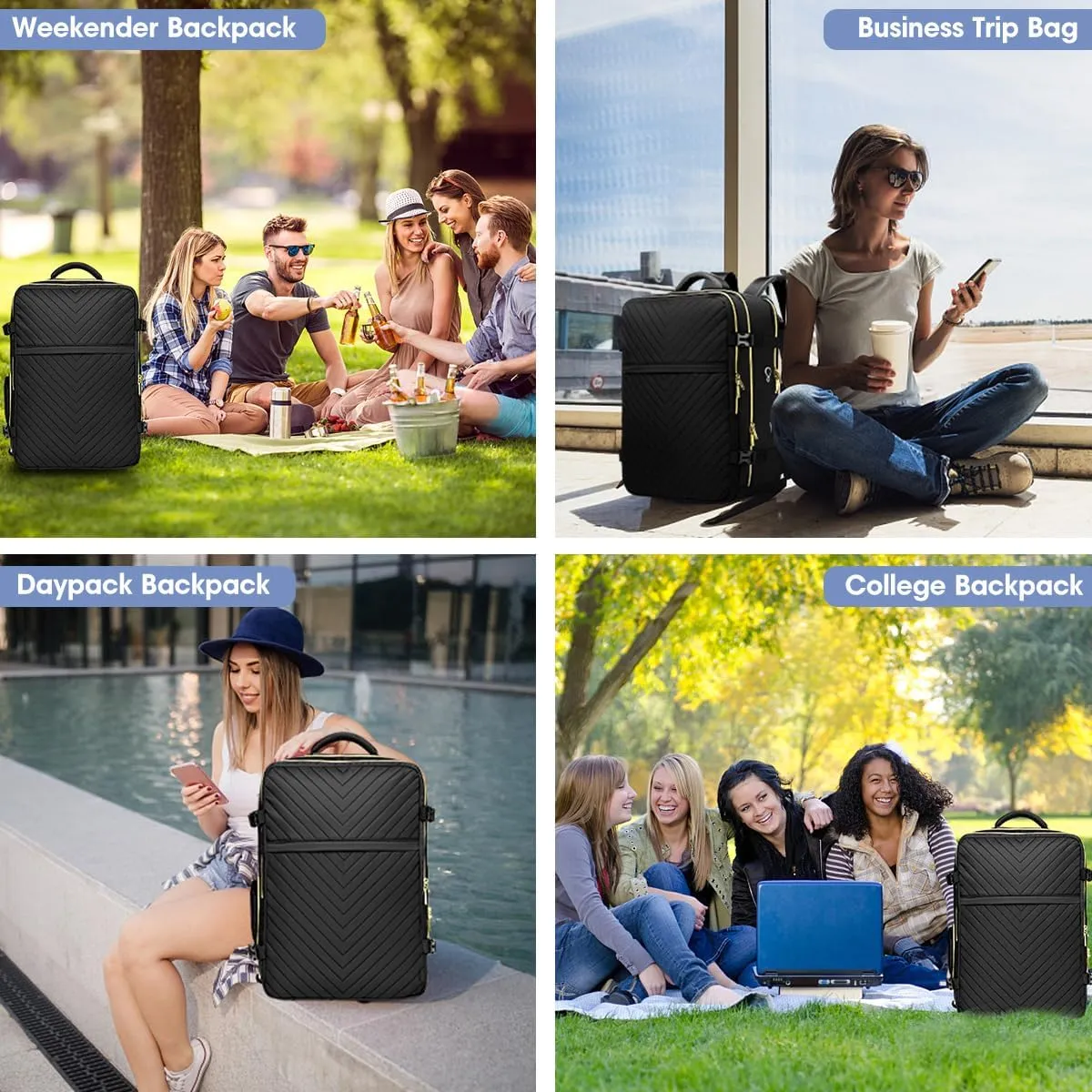 Large Carry On Travel Backpack - Flight Approved Waterproof Luggage Suitcase Backpacks Personal Item Size for Women Fit 17 Inch Laptop College Overnight Weekender Bag With 3 Packing Cube Black