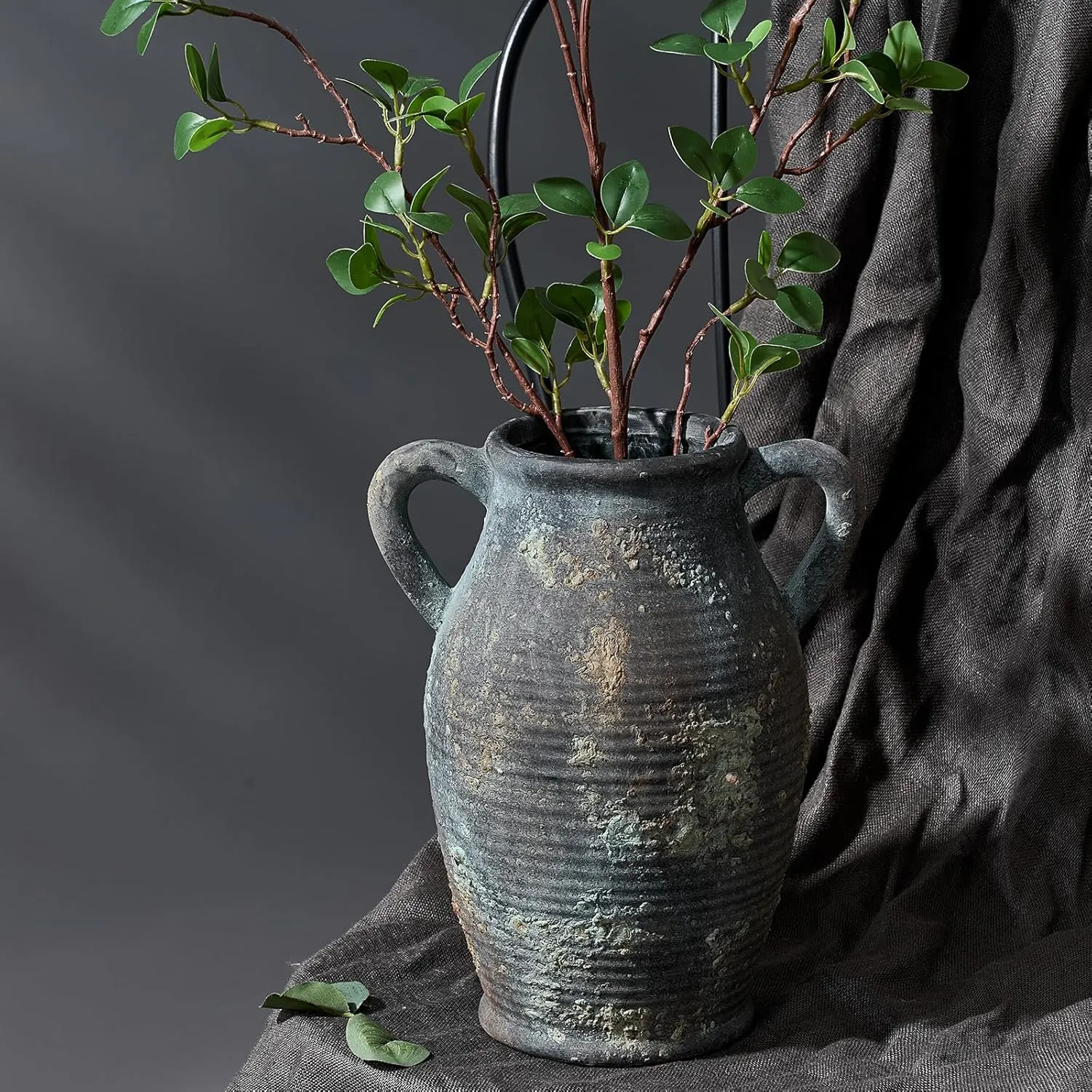 Large Ceramic Rustic Vase with 2 Handles, 9.8 inch Farmhouse Distressed Flower Vase for Home Decor, Living Room, Shelf Decor, Pampas Grass, Enterway, Table Decoration, Black Green