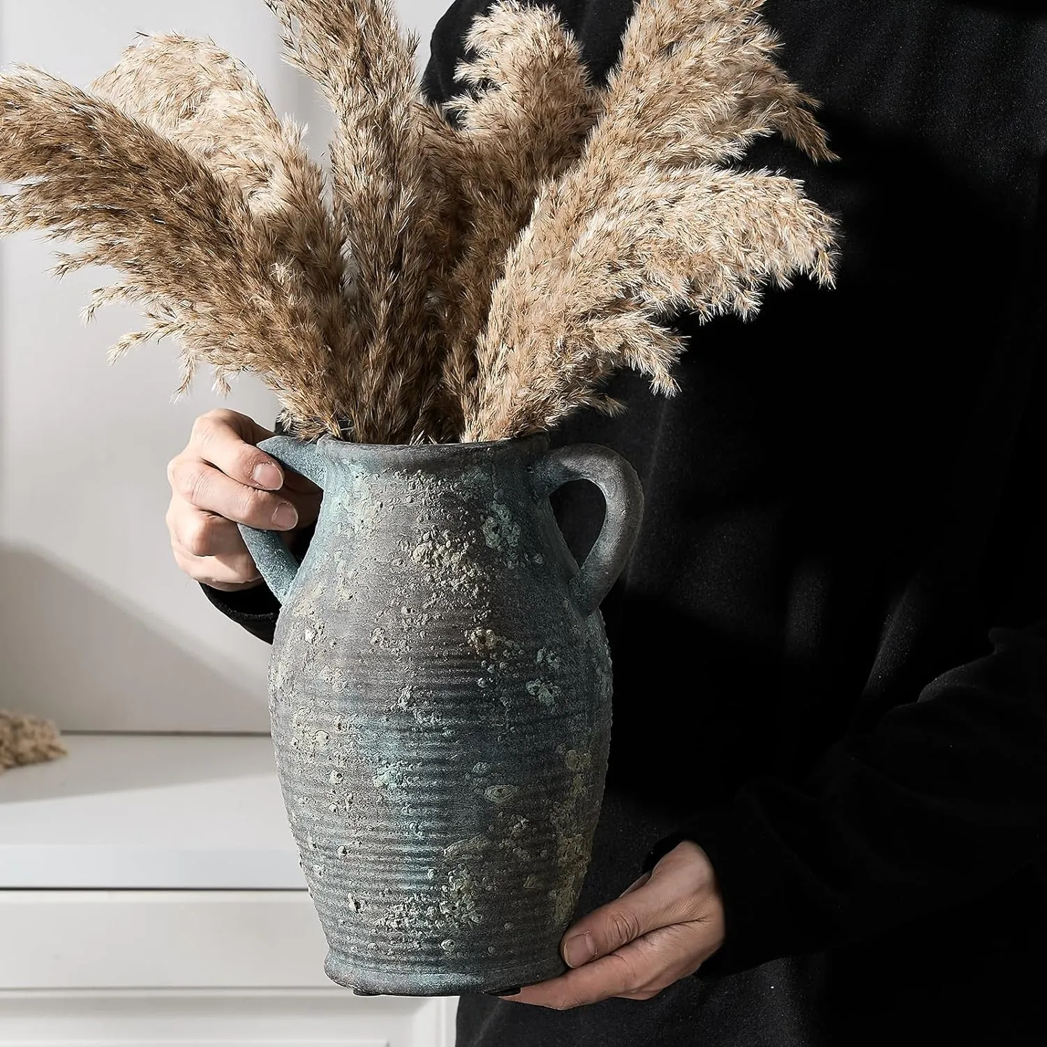 Large Ceramic Rustic Vase with 2 Handles, 9.8 inch Farmhouse Distressed Flower Vase for Home Decor, Living Room, Shelf Decor, Pampas Grass, Enterway, Table Decoration, Black Green