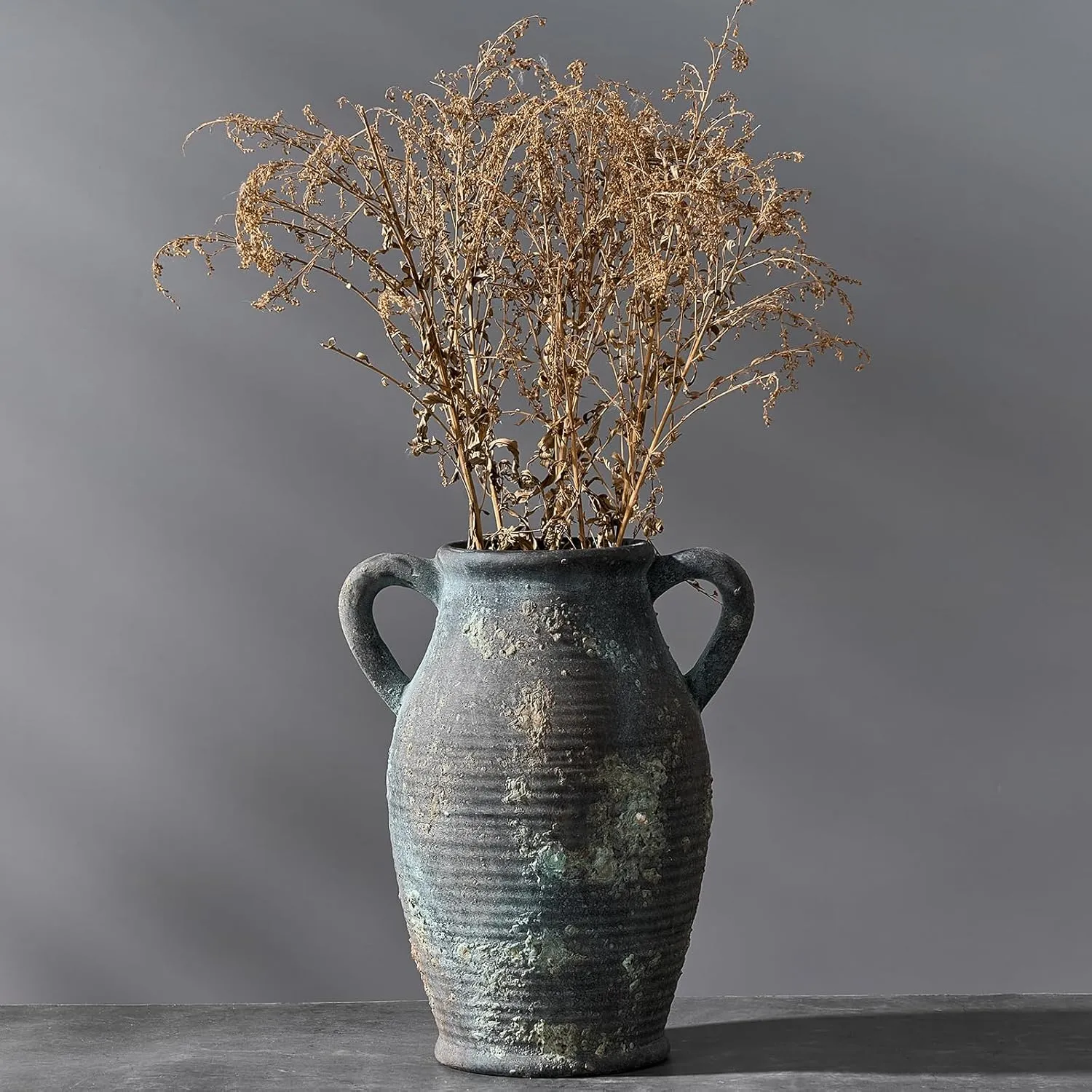 Large Ceramic Rustic Vase with 2 Handles, 9.8 inch Farmhouse Distressed Flower Vase for Home Decor, Living Room, Shelf Decor, Pampas Grass, Enterway, Table Decoration, Black Green