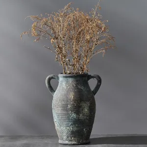 Large Ceramic Rustic Vase with 2 Handles, 9.8 inch Farmhouse Distressed Flower Vase for Home Decor, Living Room, Shelf Decor, Pampas Grass, Enterway, Table Decoration, Black Green