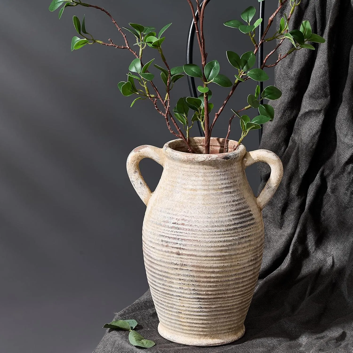 Large Ceramic Rustic Vase with 2 Handles, 9.8 inch Whitewashed Terra Cotta Decorative Pottery Flower Vase for Home Decor, Living Room, Shelf Decor, Enterway, Table Decoration, Gray