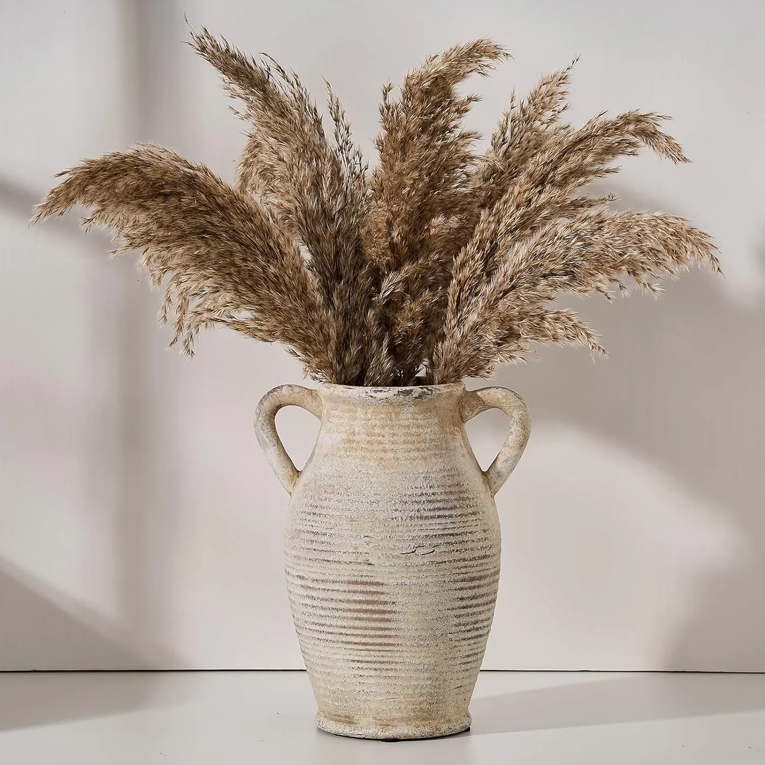 Large Ceramic Rustic Vase with 2 Handles, 9.8 inch Whitewashed Terra Cotta Decorative Pottery Flower Vase for Home Decor, Living Room, Shelf Decor, Enterway, Table Decoration, Gray