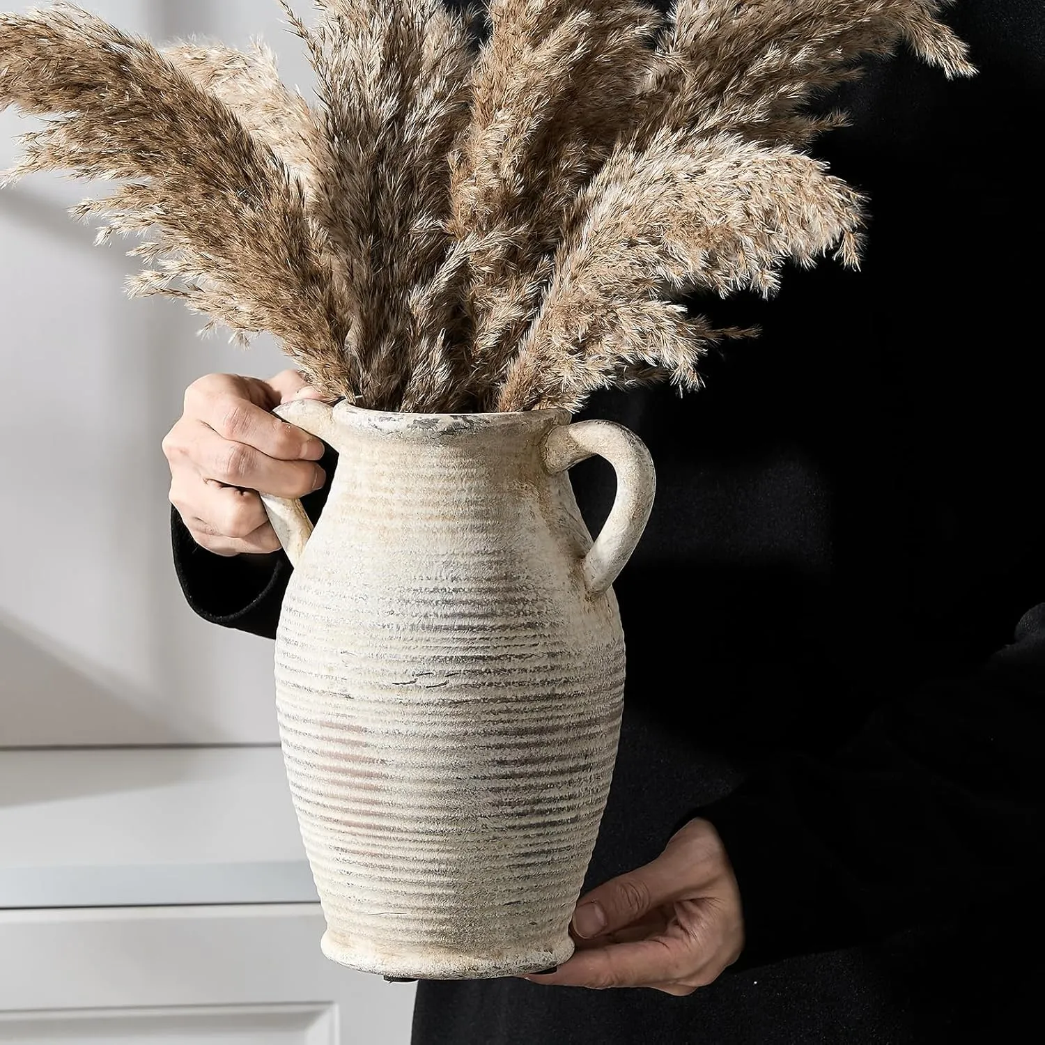 Large Ceramic Rustic Vase with 2 Handles, 9.8 inch Whitewashed Terra Cotta Decorative Pottery Flower Vase for Home Decor, Living Room, Shelf Decor, Enterway, Table Decoration, Gray
