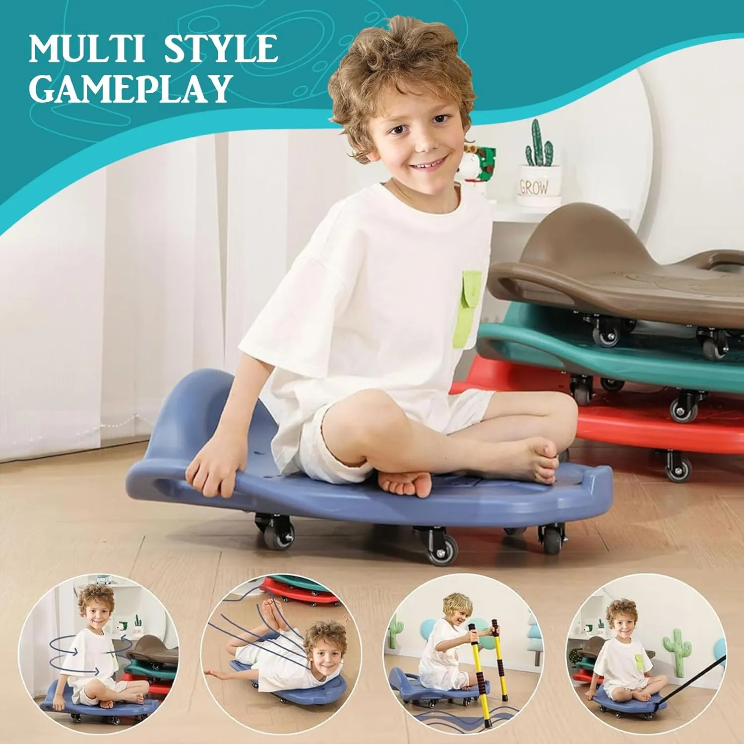 Large Scooter Board for Kids, Plastic Floor Scooter Board with Handles and Buckle, Gym Scooters for Indoor Outdoor Sports,Sensory Training