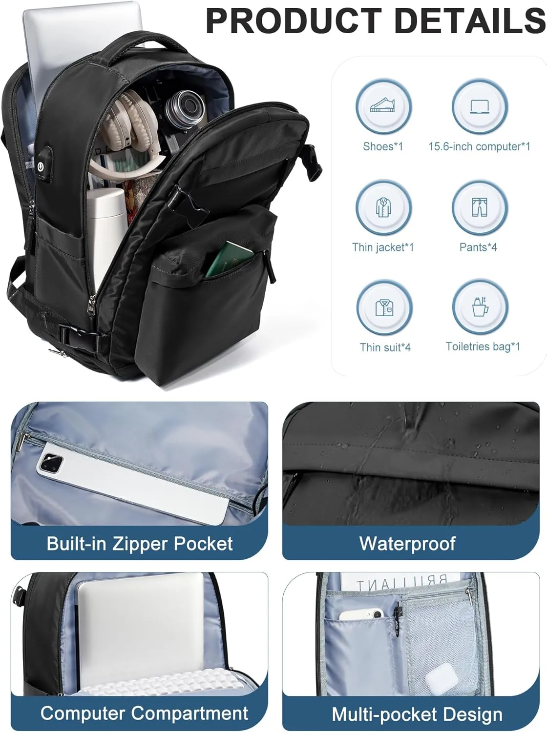 Large Travel Backpack For Women Men,Carry On Backpack,Airline Approved Personal Item Travel Bag,Waterproof 15.6Inch Laptop luggage backpack,Mochila de Viaje(Black)
