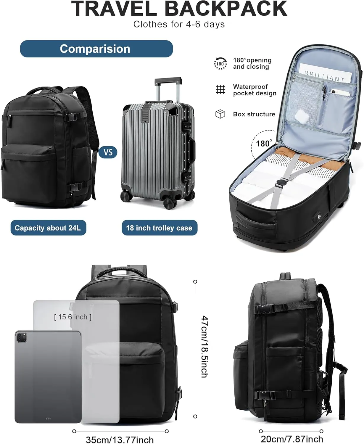 Large Travel Backpack For Women Men,Carry On Backpack,Airline Approved Personal Item Travel Bag,Waterproof 15.6Inch Laptop luggage backpack,Mochila de Viaje(Black)