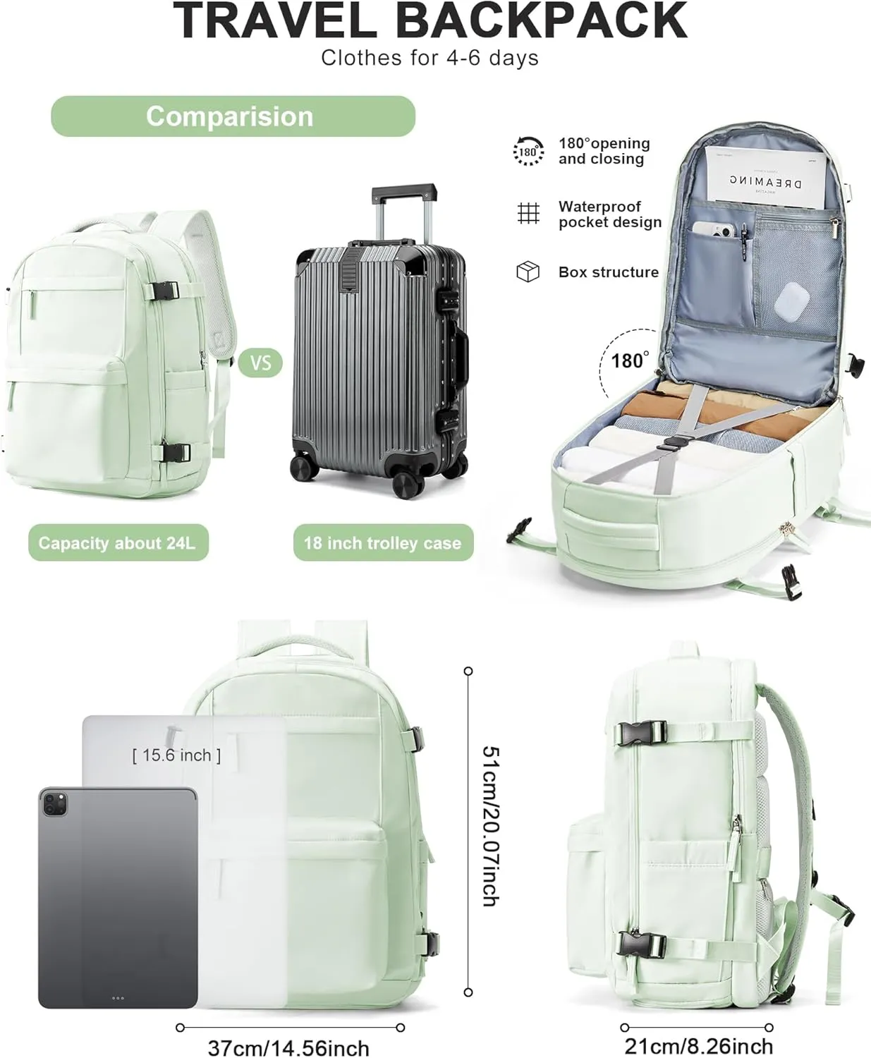 Large Travel Backpack For Women Men,Mochila de Viaje,15.6Inch Laptop Travel Backpack Carry on Flight Approved,Frontier Airlines Personal Item Travel Bag,Waterproof Luggage Backpack(Mint Green)