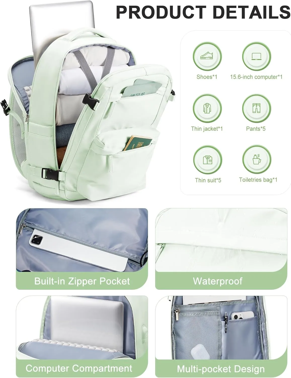 Large Travel Backpack For Women Men,Mochila de Viaje,15.6Inch Laptop Travel Backpack Carry on Flight Approved,Frontier Airlines Personal Item Travel Bag,Waterproof Luggage Backpack(Mint Green)