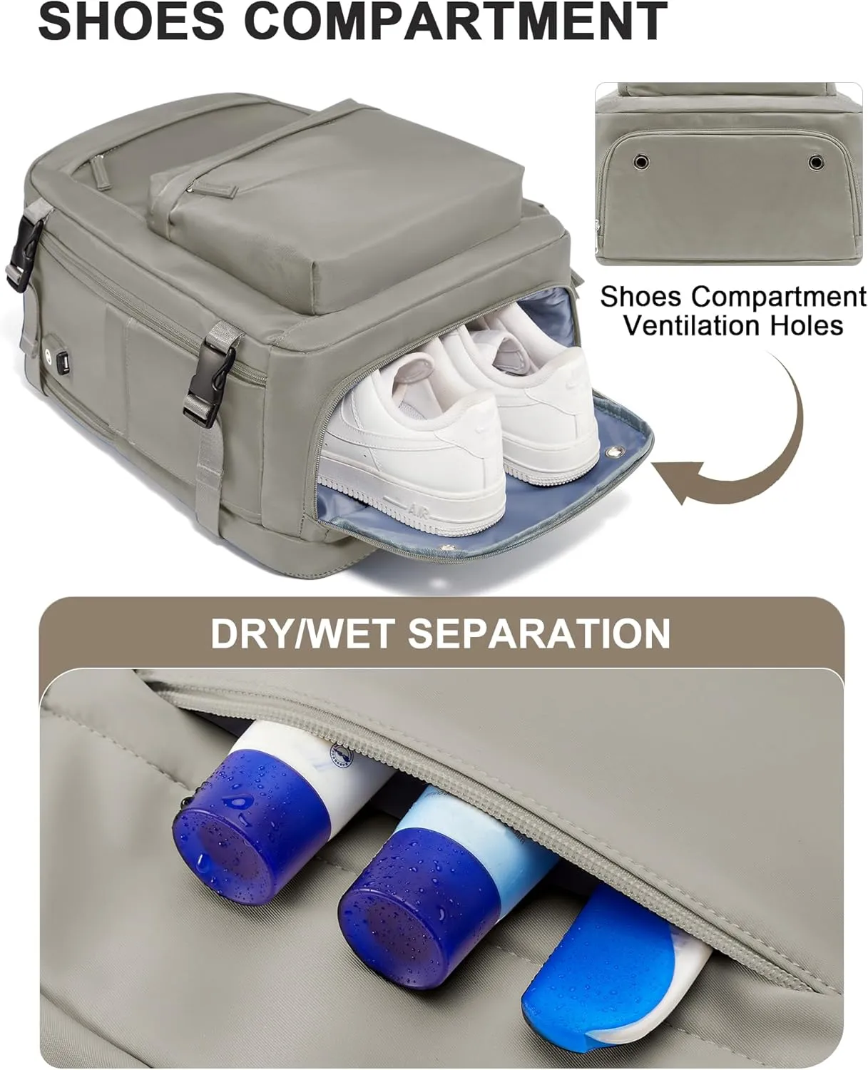 Large Travel Backpack For Women Men,Mochila de Viaje,Carry On Backpack with USB Charging Port & Shoe Pouch,Airline Approved Personal Item Travel Bag,Waterproof Luggage Backpack(Gray Brown)