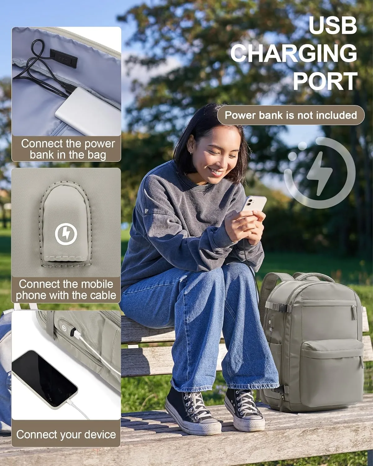 Large Travel Backpack For Women Men,Mochila de Viaje,Carry On Backpack with USB Charging Port & Shoe Pouch,Airline Approved Personal Item Travel Bag,Waterproof Luggage Backpack(Gray Brown)