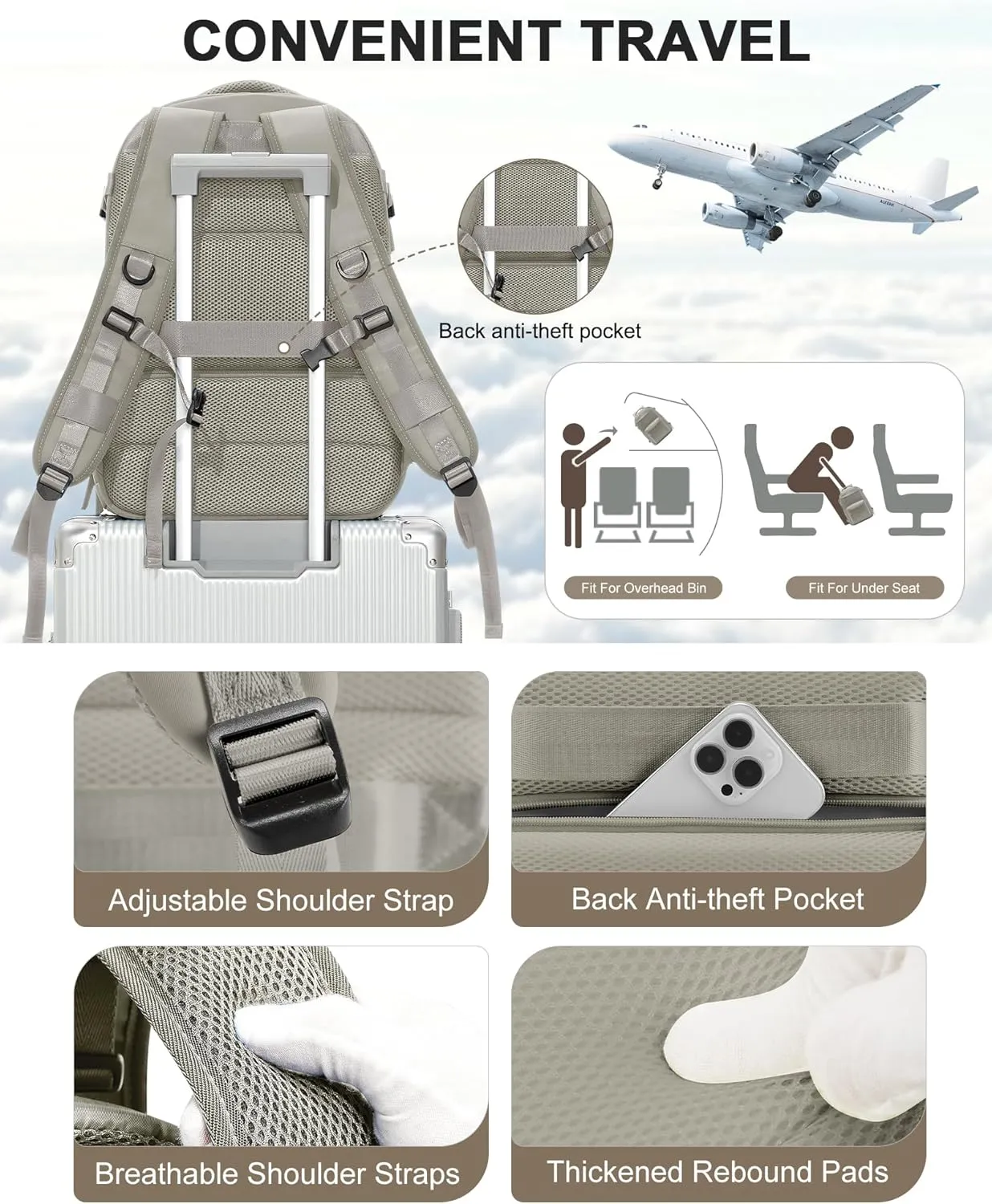 Large Travel Backpack For Women Men,Mochila de Viaje,Carry On Backpack with USB Charging Port & Shoe Pouch,Airline Approved Personal Item Travel Bag,Waterproof Luggage Backpack(Gray Brown)