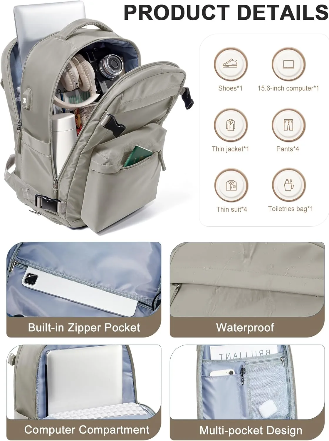 Large Travel Backpack For Women Men,Mochila de Viaje,Carry On Backpack with USB Charging Port & Shoe Pouch,Airline Approved Personal Item Travel Bag,Waterproof Luggage Backpack(Gray Brown)