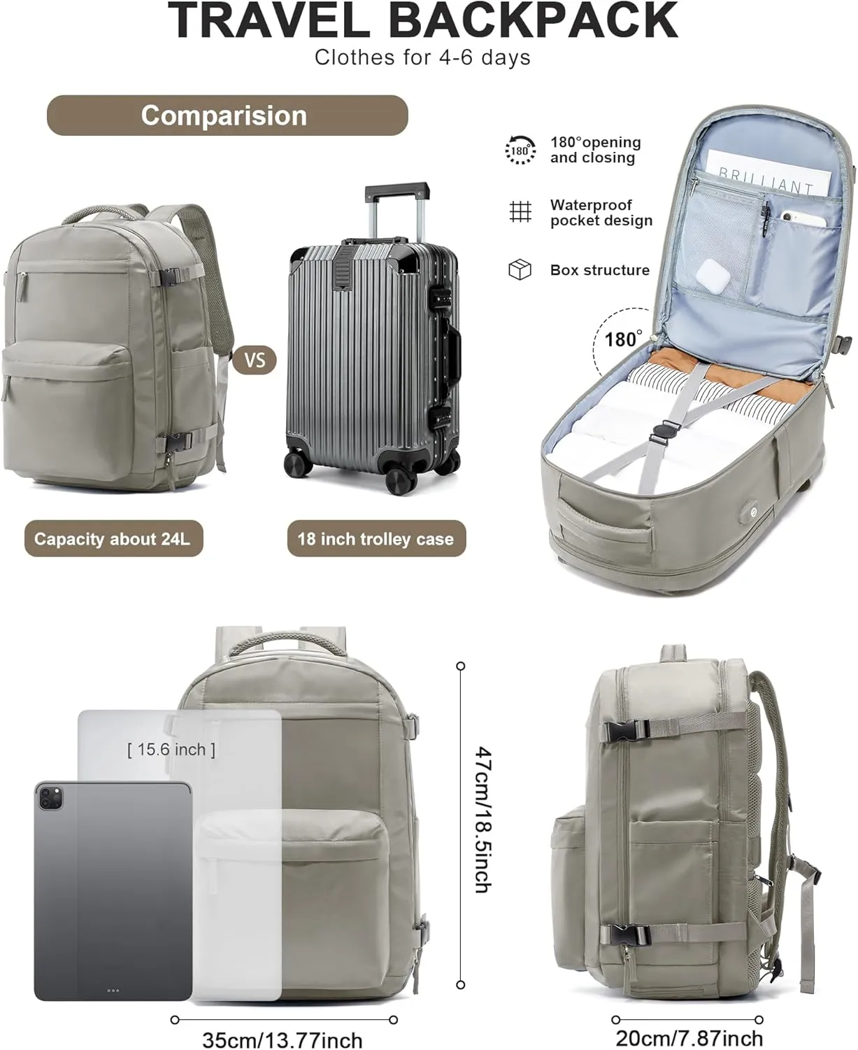 Large Travel Backpack For Women Men,Mochila de Viaje,Carry On Backpack with USB Charging Port & Shoe Pouch,Airline Approved Personal Item Travel Bag,Waterproof Luggage Backpack(Gray Brown)