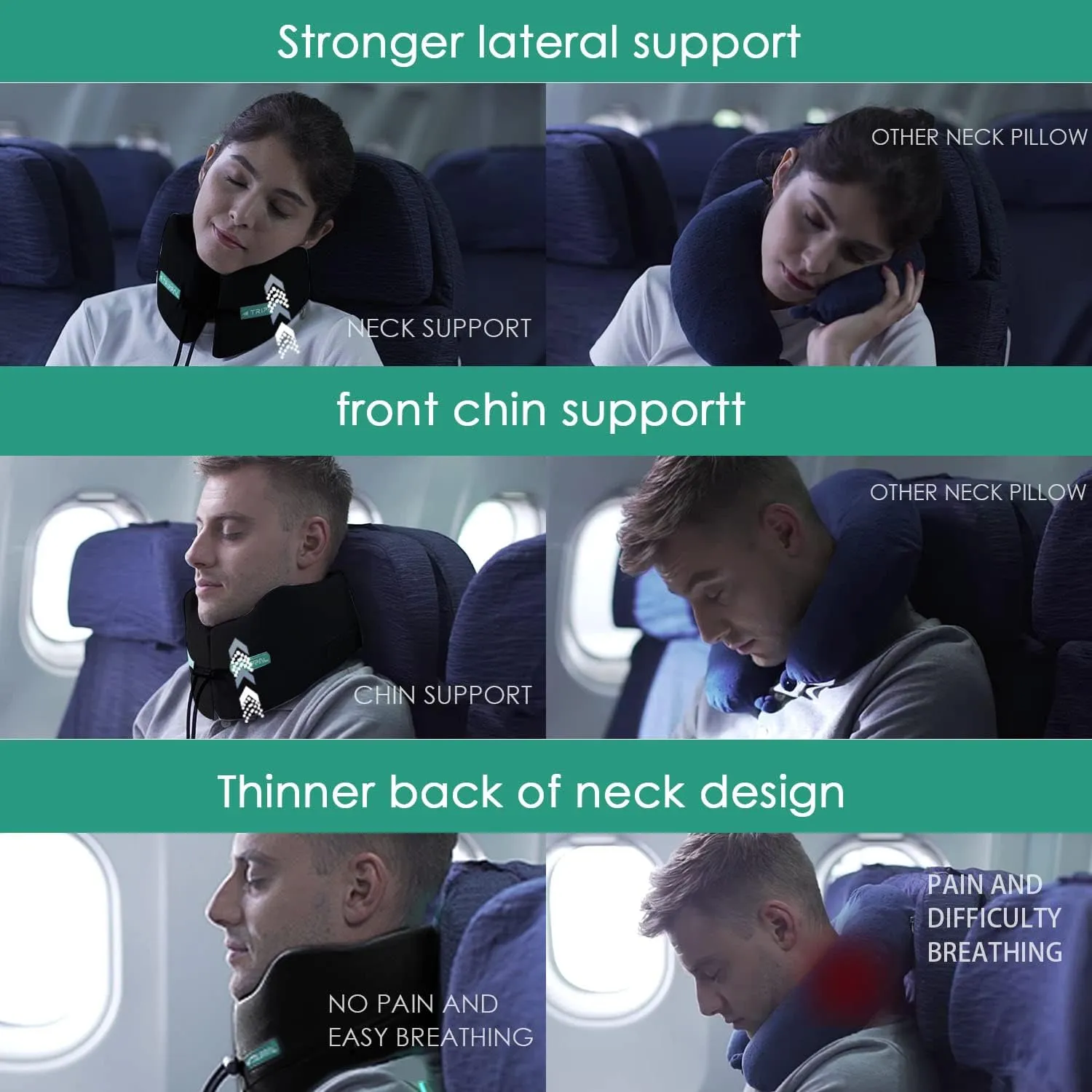 Large Travel Pillow Neck Chin Head Support Best Memory Foam Neck Pillows for Airplane Train Car Bus Home Office Sleeping Rest with Compact Carry Bag Black L