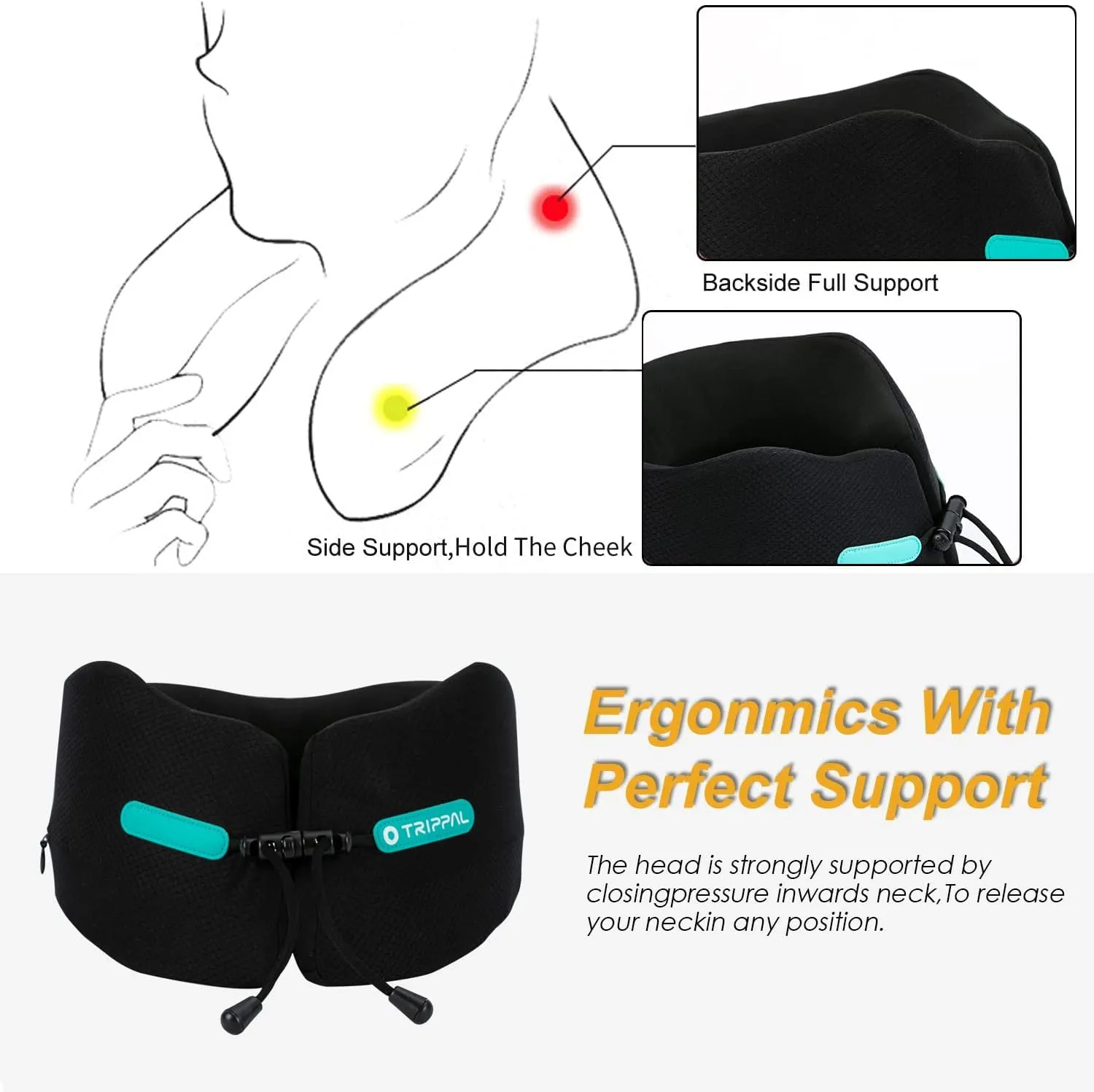Large Travel Pillow Neck Chin Head Support Best Memory Foam Neck Pillows for Airplane Train Car Bus Home Office Sleeping Rest with Compact Carry Bag Black L