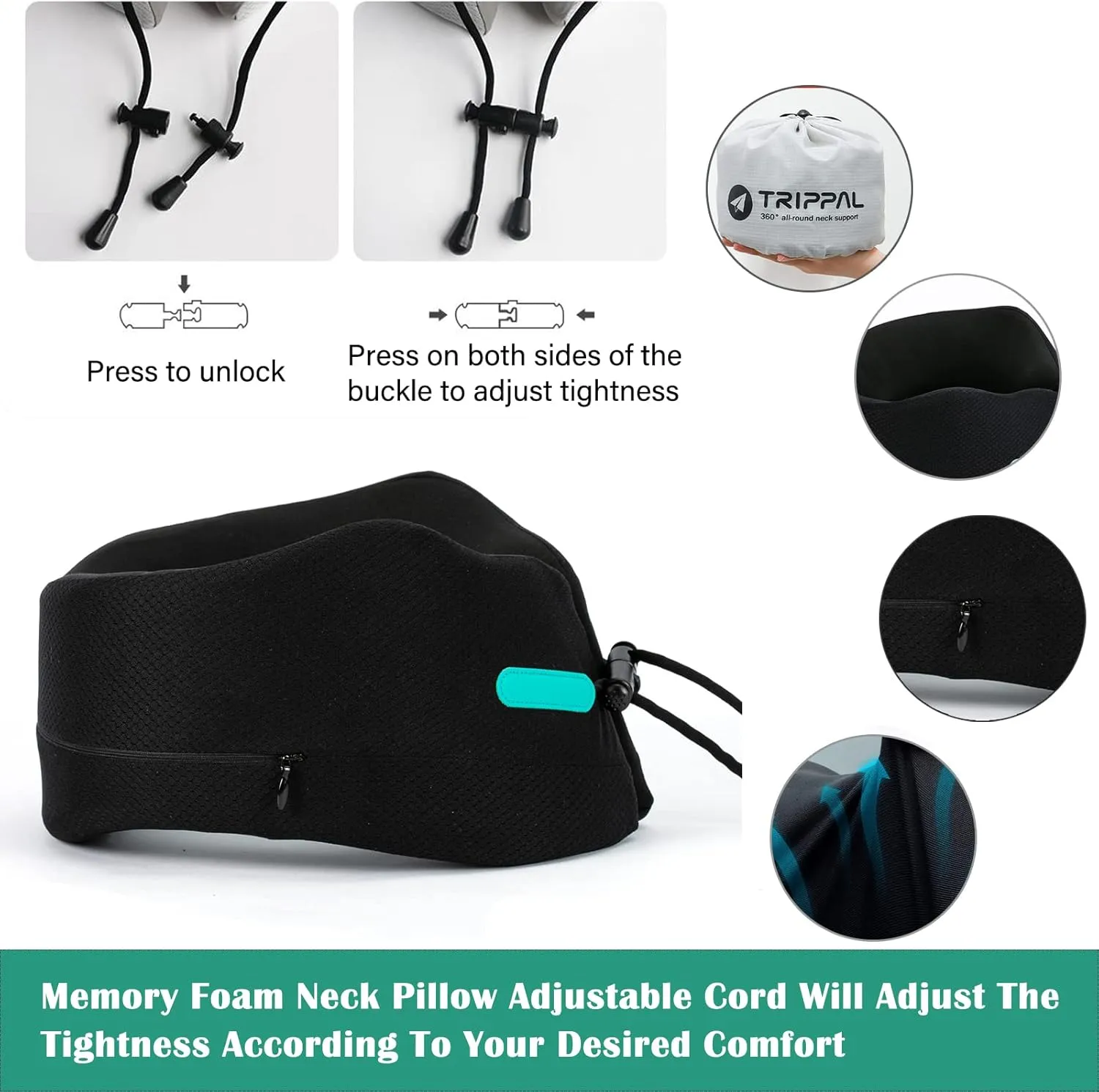 Large Travel Pillow Neck Chin Head Support Best Memory Foam Neck Pillows for Airplane Train Car Bus Home Office Sleeping Rest with Compact Carry Bag Black L