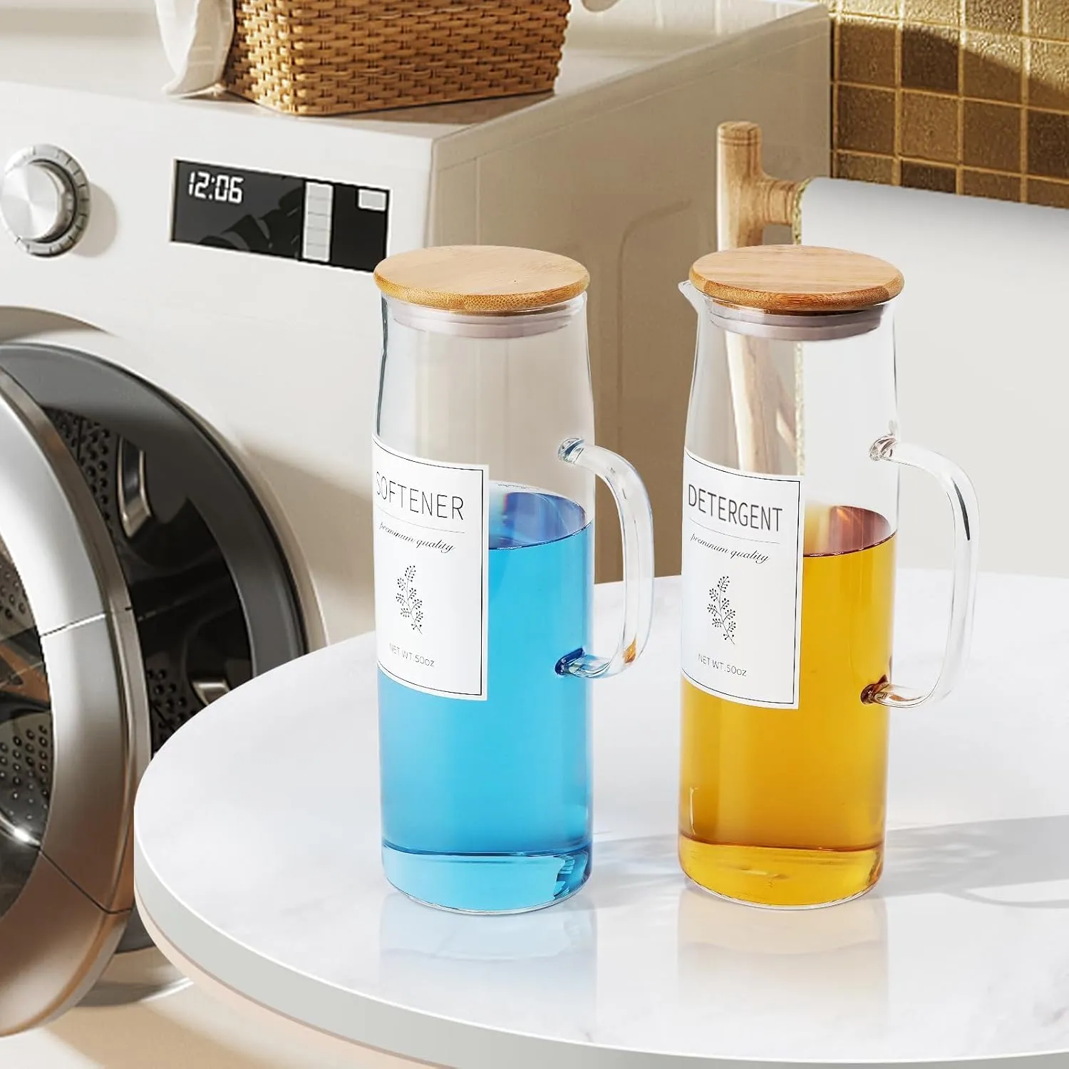 Laundry Detergent Dispenser Set with Bamboo Lids and Handles - Easy Pour 3 Pack 50 oz Liquid Laundry Containers for Laundry Room Organization and Storage