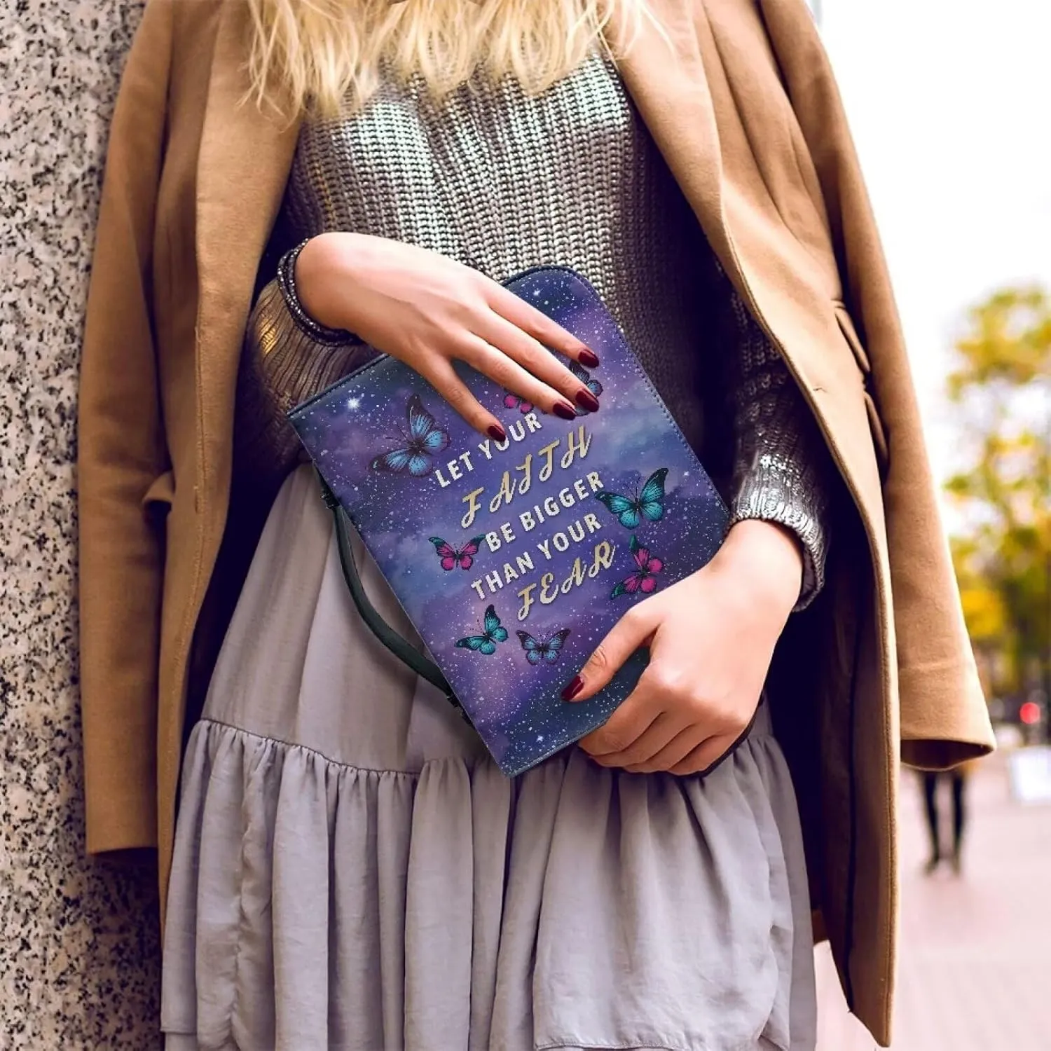 Leather Bible Cover for Kids and Adults, Butterfly Galaxy Reusable Bible Tote Bag with Pocket and Handles, Multifunctional Bible Carrying Case Bible Tote Handbag