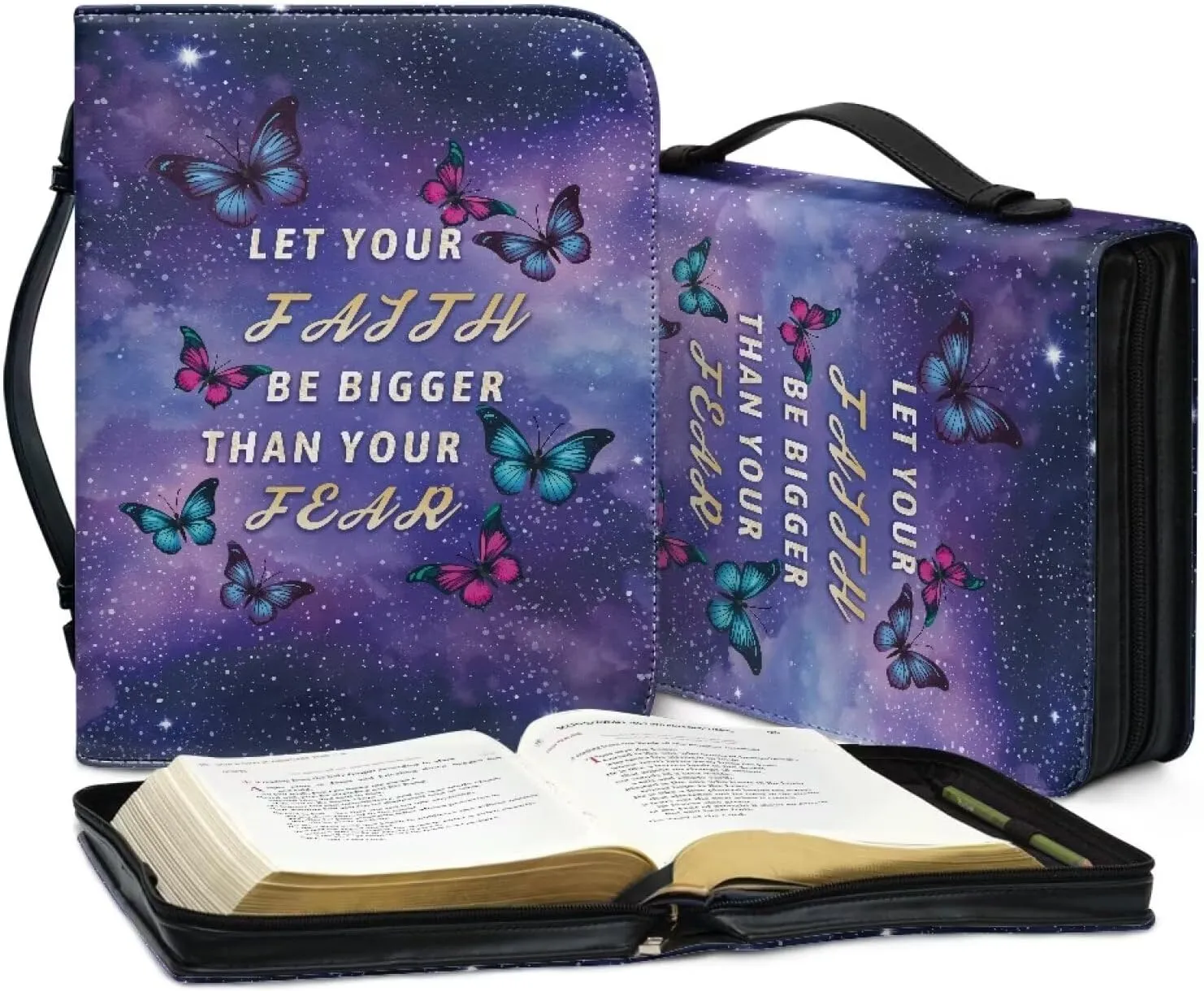Leather Bible Cover for Kids and Adults, Butterfly Galaxy Reusable Bible Tote Bag with Pocket and Handles, Multifunctional Bible Carrying Case Bible Tote Handbag