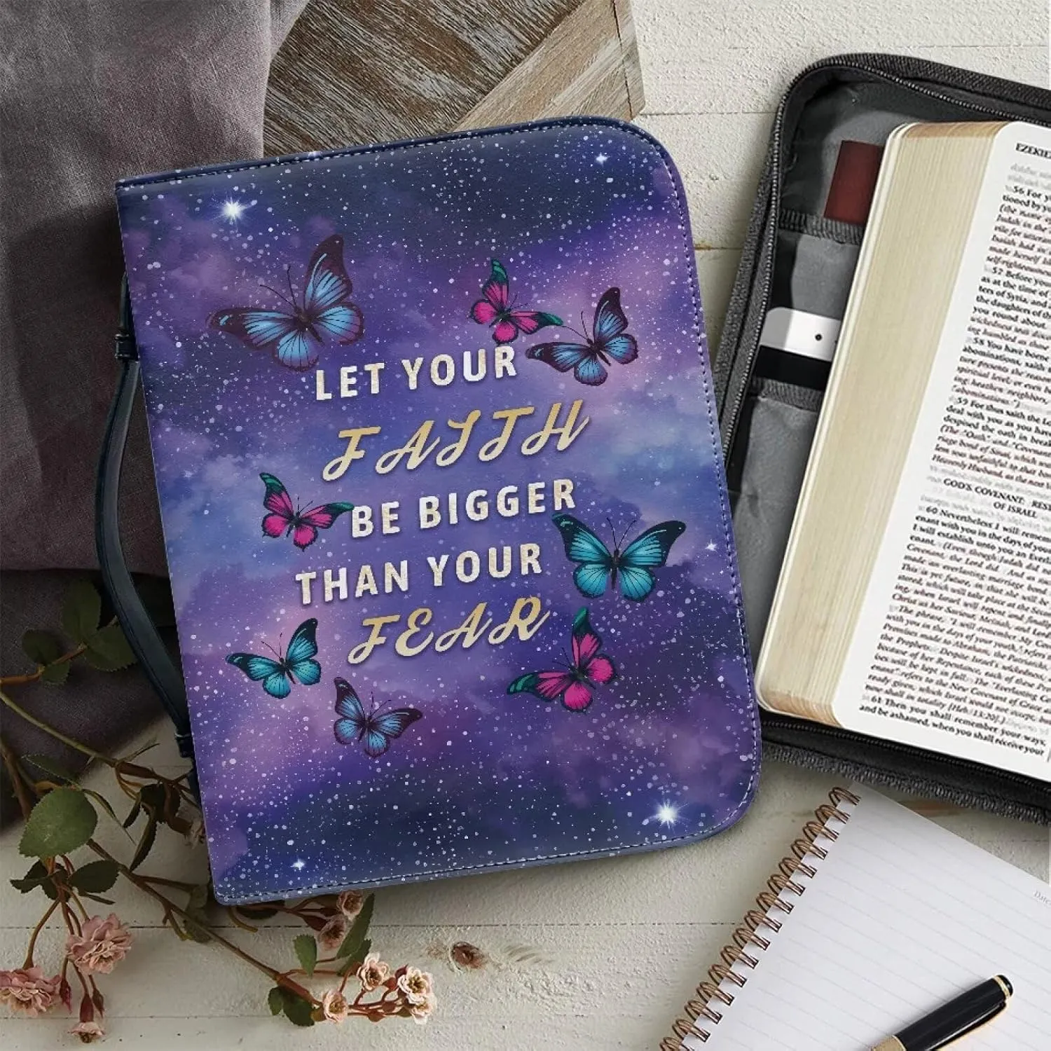Leather Bible Cover for Kids and Adults, Butterfly Galaxy Reusable Bible Tote Bag with Pocket and Handles, Multifunctional Bible Carrying Case Bible Tote Handbag