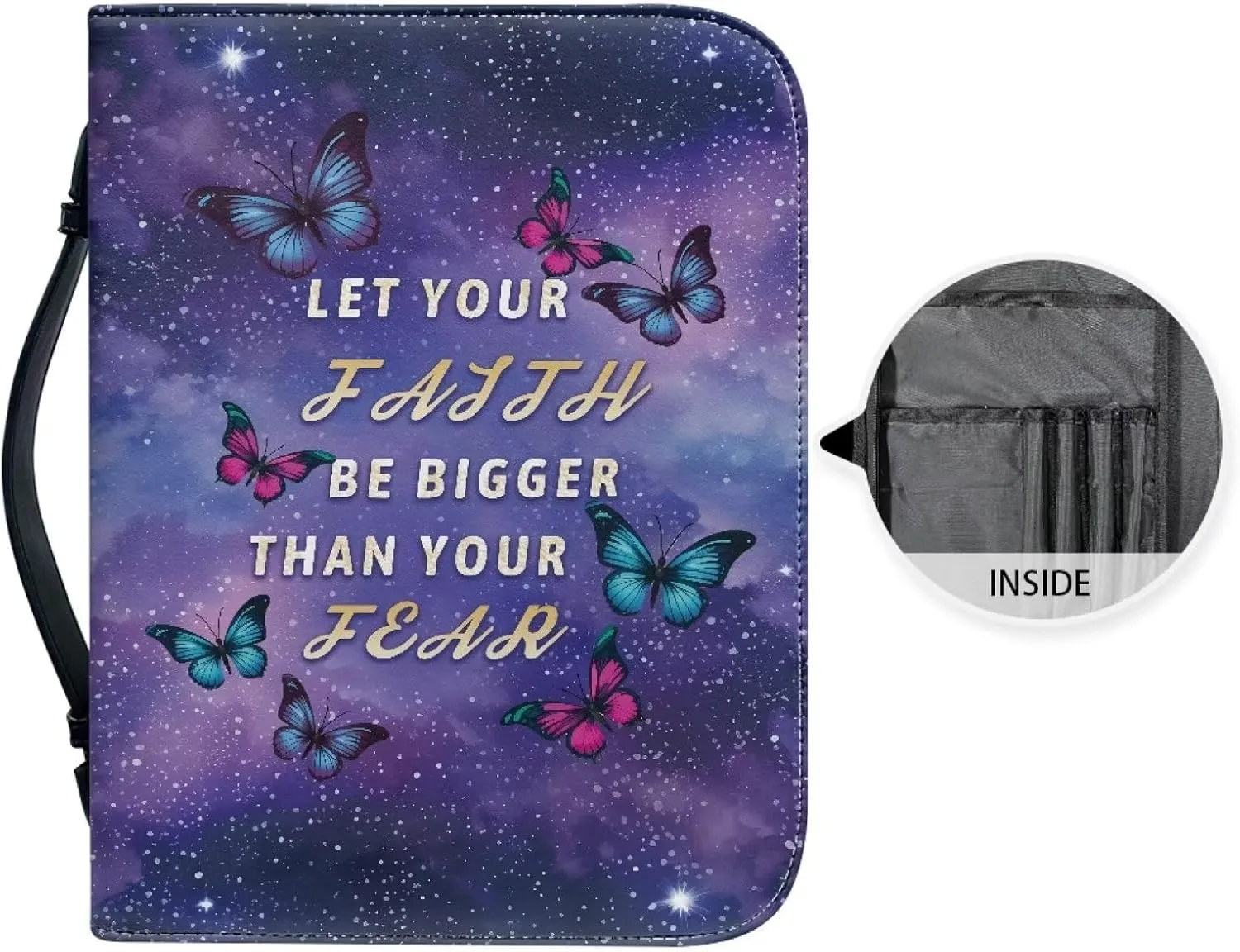 Leather Bible Cover for Kids and Adults, Butterfly Galaxy Reusable Bible Tote Bag with Pocket and Handles, Multifunctional Bible Carrying Case Bible Tote Handbag