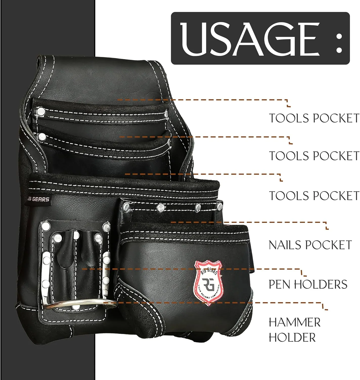 Leather Tool Belt 8 Pockets Leather Tool Pouch | Carpenters Tool Belts For Men Construction Tools Apron Tool Bag Organizer Utility Pouches (Black, Standard)