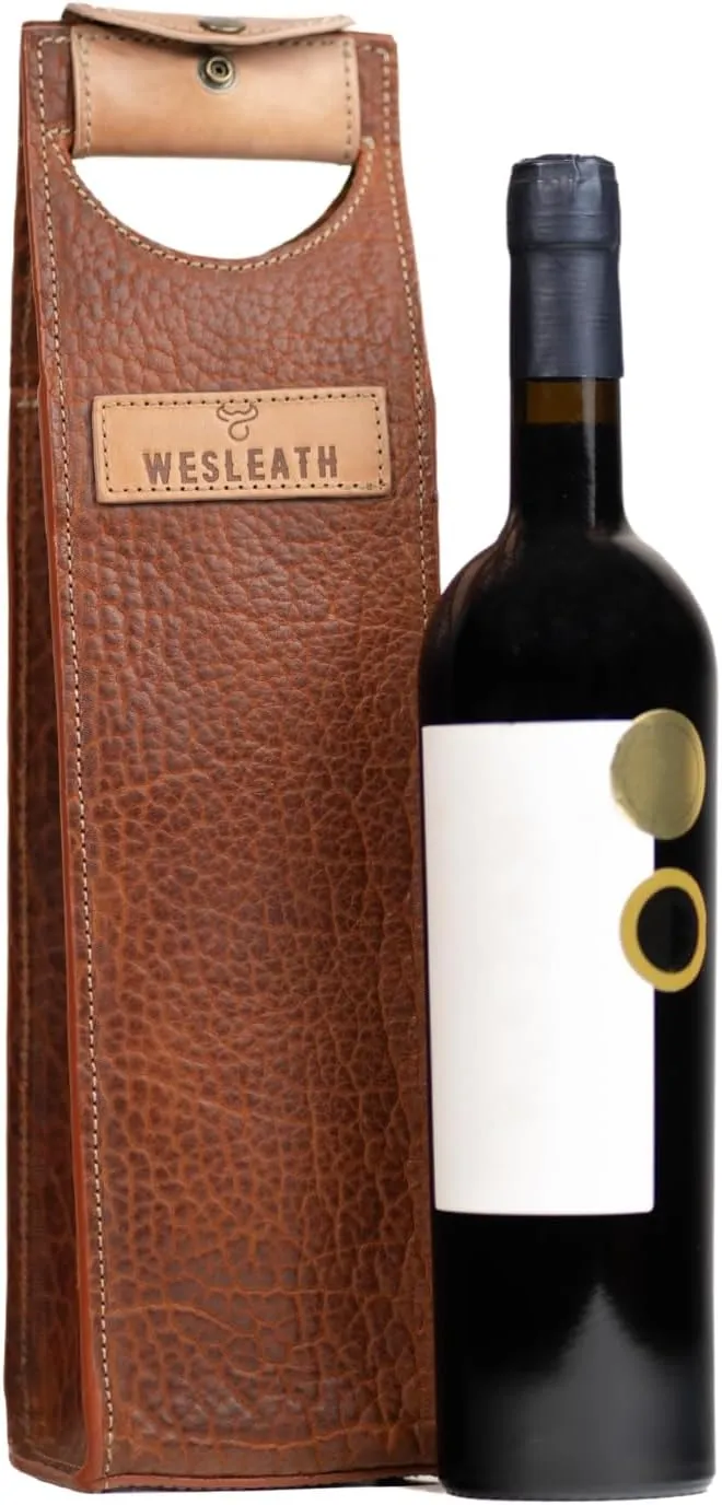 Leather Tote Wine Carrier Bag | Premium Quality Single Bottle Carry with Strong Handles, Bison Leather & Metal Buckle - Protective Carrier for Picnic, Wine Champagne Gift Bag in Bison Whisky