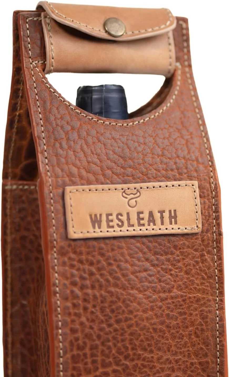 Leather Tote Wine Carrier Bag | Premium Quality Single Bottle Carry with Strong Handles, Bison Leather & Metal Buckle - Protective Carrier for Picnic, Wine Champagne Gift Bag in Bison Whisky
