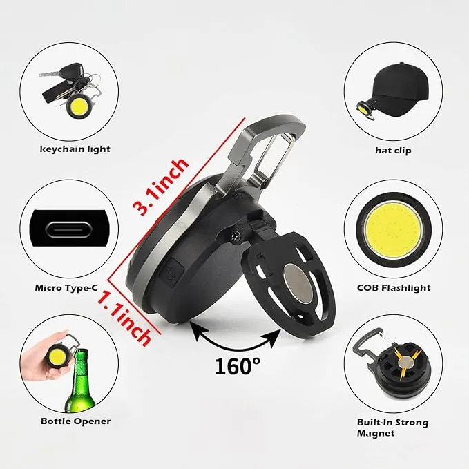 LED Cob Small Flashlights, Rechargeable COB Keychain Work Light, 4 Light Modes Portable Pocket Keychain Light with Magnet Base Walking, Camping, Emergency Lighting