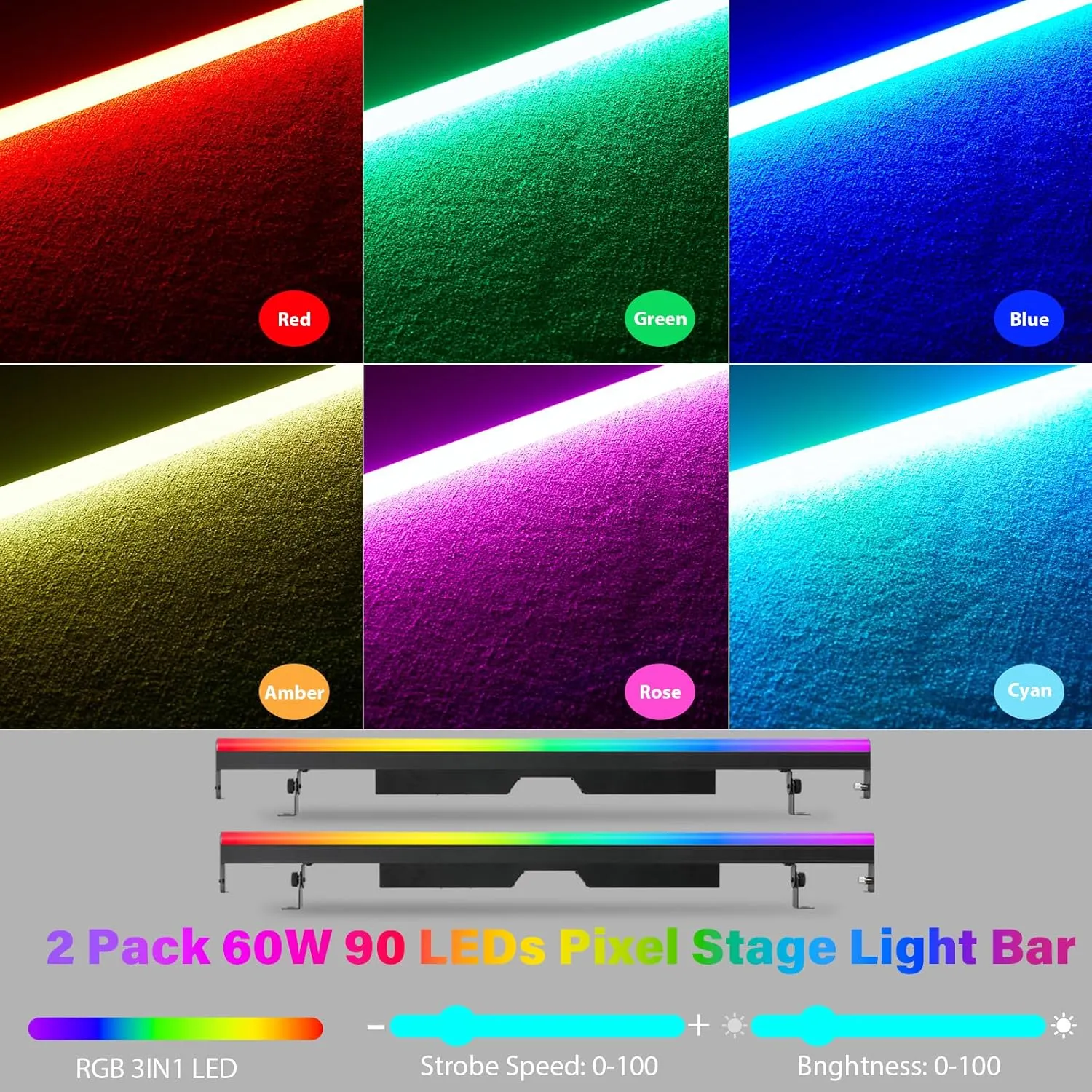 LED Stage Pixel Light Bar,60W 90 LEDs RGB DMX DJ Stage Wash Light Bar Side with Screw Seamless Stitching Design DMX Lights Strip for Event Stage Club Party Show Wedding Lighting 2Pack