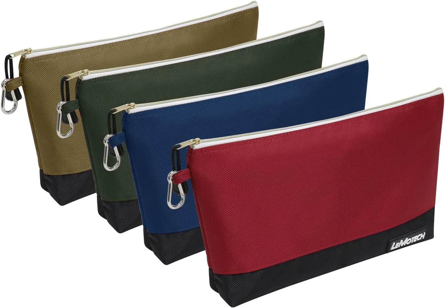 LeMotech Zipper Tool Bag, Stand-Up Tool Pouch with Carabiners,Utility Bag,Water Resistant Storage Bag,12x6.8-Inch Red/Brown/Blue/Olive 4 Pack