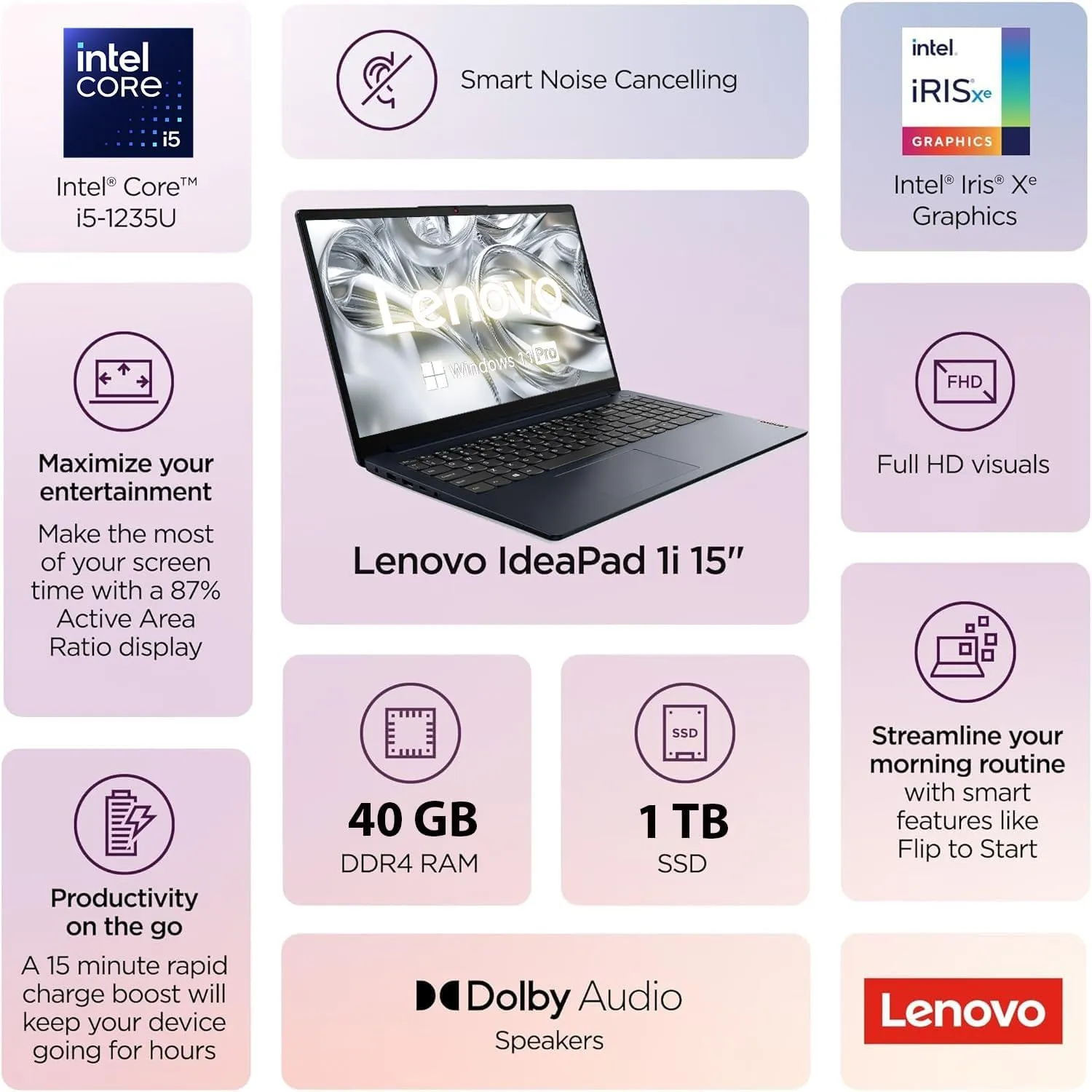 Lenovo 15.6" FHD Laptop | Intel Core i5-1235U (10 Core up to 4.40 GHz)| 40GB RAM | 1TB PCIe SSD | Anti-Glare | SD Card Reader | WiFi 6 | HDMI | Bluetooth | Webcam | Win 11 Pro | WOWPC Recovery USB