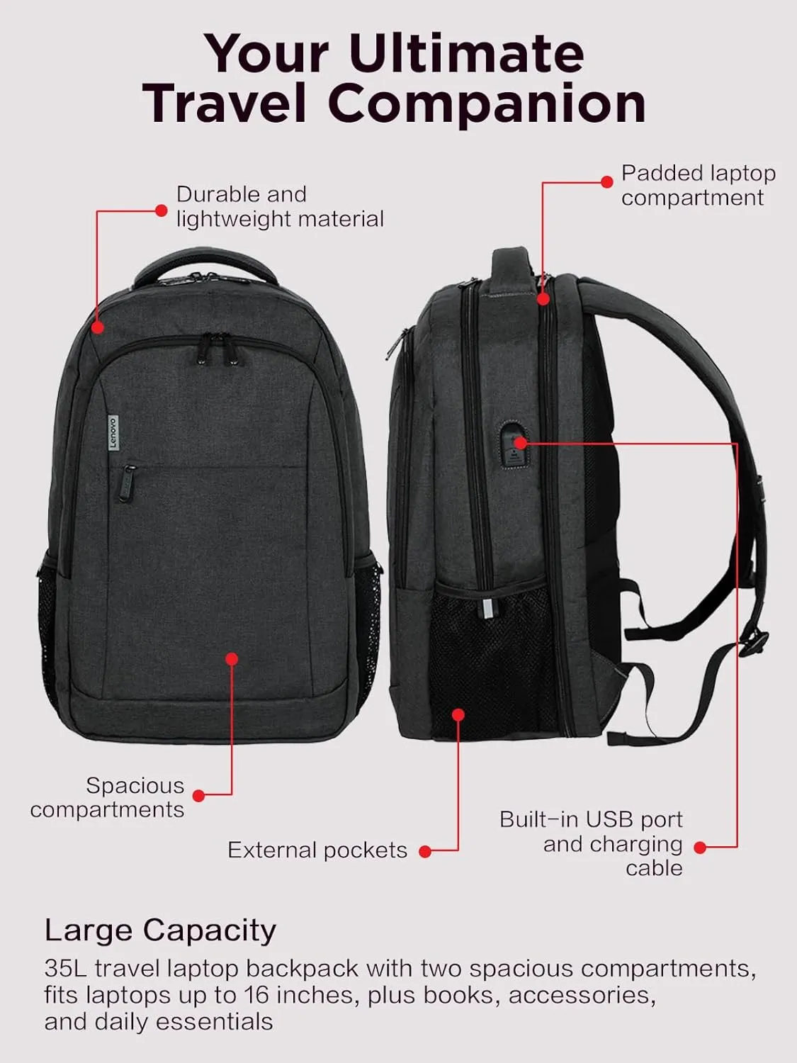 Lenovo B325 Laptop Backpack, 35L, Anti-Theft Travel Backpack, External USB Port, Water-Resistant, Luggage Strap, Fits 16-Inch Laptops, Durable Work & Commute Bag for Men & Women, Gifts for Travelers