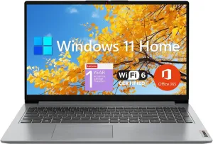 Lenovo IdeaPad 1 Student Laptop, 15.6" FHD Display, Intel Dual Core Processor, 12GB RAM, 512GB SSD   128GB eMMC, 1 Year Office 365, Wi-Fi 6, Webcam, Bluetooth, SD Card Reader, Windows 11 Home, Grey