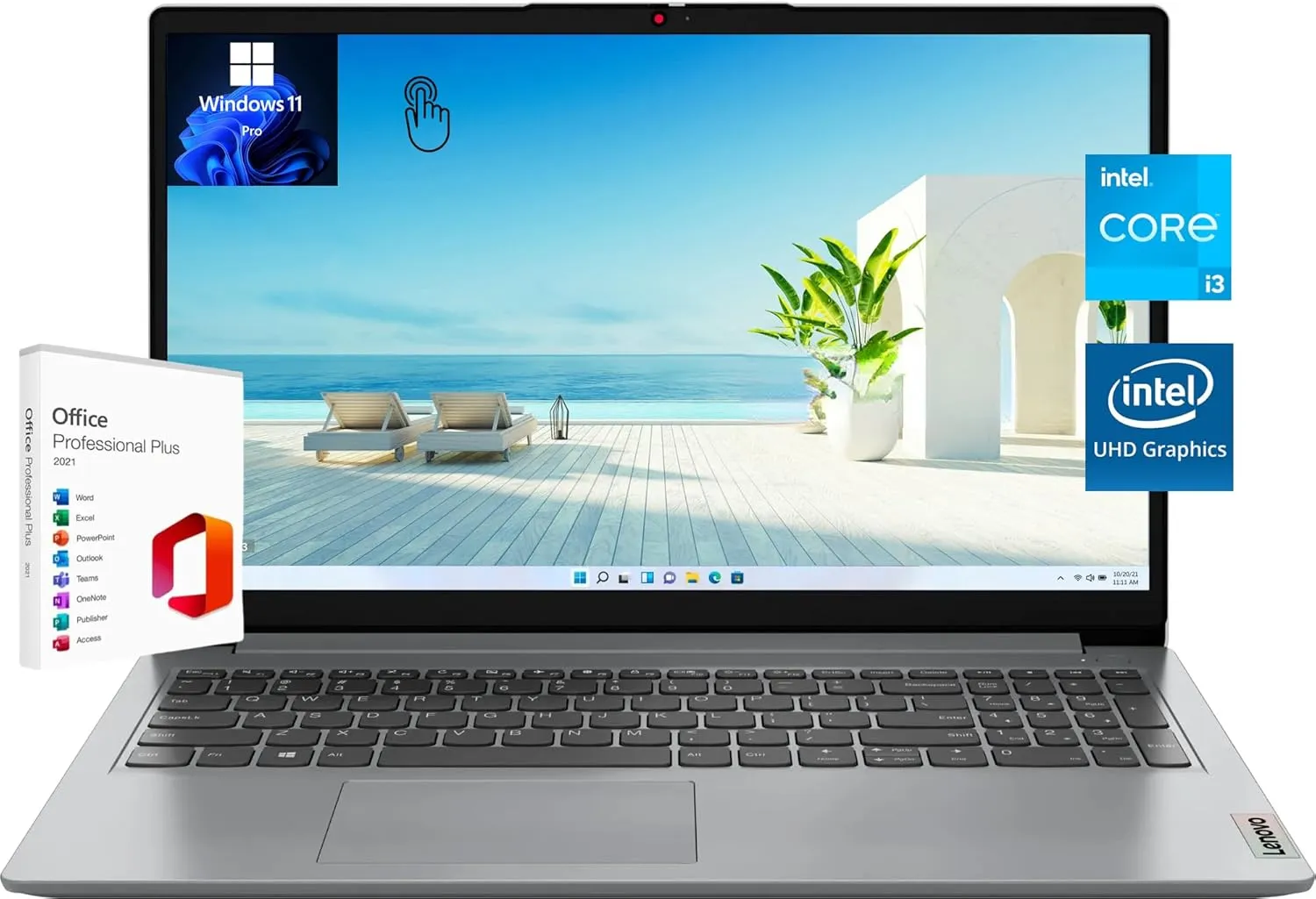 Lenovo Ideapad 1i 15.6" FHD Touchscreen Laptop, with Free Lifetime Microsoft Office 2021, Intel Core i3-1215U, 16GB RAM, 512GB SSD, Intel UHD Graphics, Windows 11 Pro, Cloud Gray