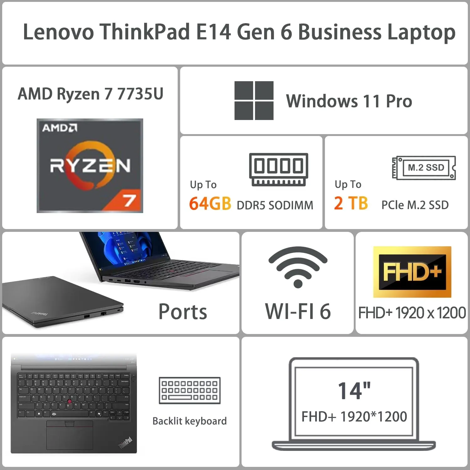 Lenovo ThinkPad E14 Gen 6 Business Laptop, 14" FHD  Display, AMD Ryzen 7 7735U, 32GB DDR5 RAM, 1TB SSD, Fingerprint, Backlit, Wi-Fi 6, Windows 11 Pro, Bundle with Targus USB-C 100W Docking Station