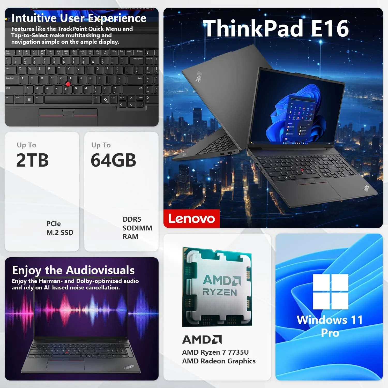 Lenovo ThinkPad E16 Gen 2 Business Laptop, 16" WUXGA, AMD Ryzen 7 7735U up to 4.75GHz, 64GB DDR5 RAM, 2TB SSD, Fingerprint, Backlit, HDMI, Wi-Fi 6, Win 11 Pro, Bundle with ADATA 64GB USB Flash Drive