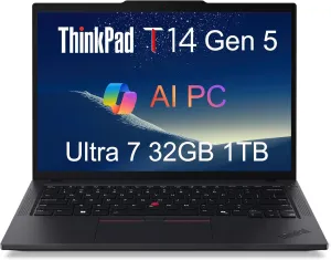 Lenovo ThinkPad T14 Gen 5 Business Laptop (14" FHD , Intel Ultra 7 155U (>i7-13700H), 32GB DDR5 RAM, 1TB SSD), Fingerprint, Backlit, 5MP Webcam, Ethernet, Wi-Fi 6E, Win 11 Pro, 2025 AI PC, Black