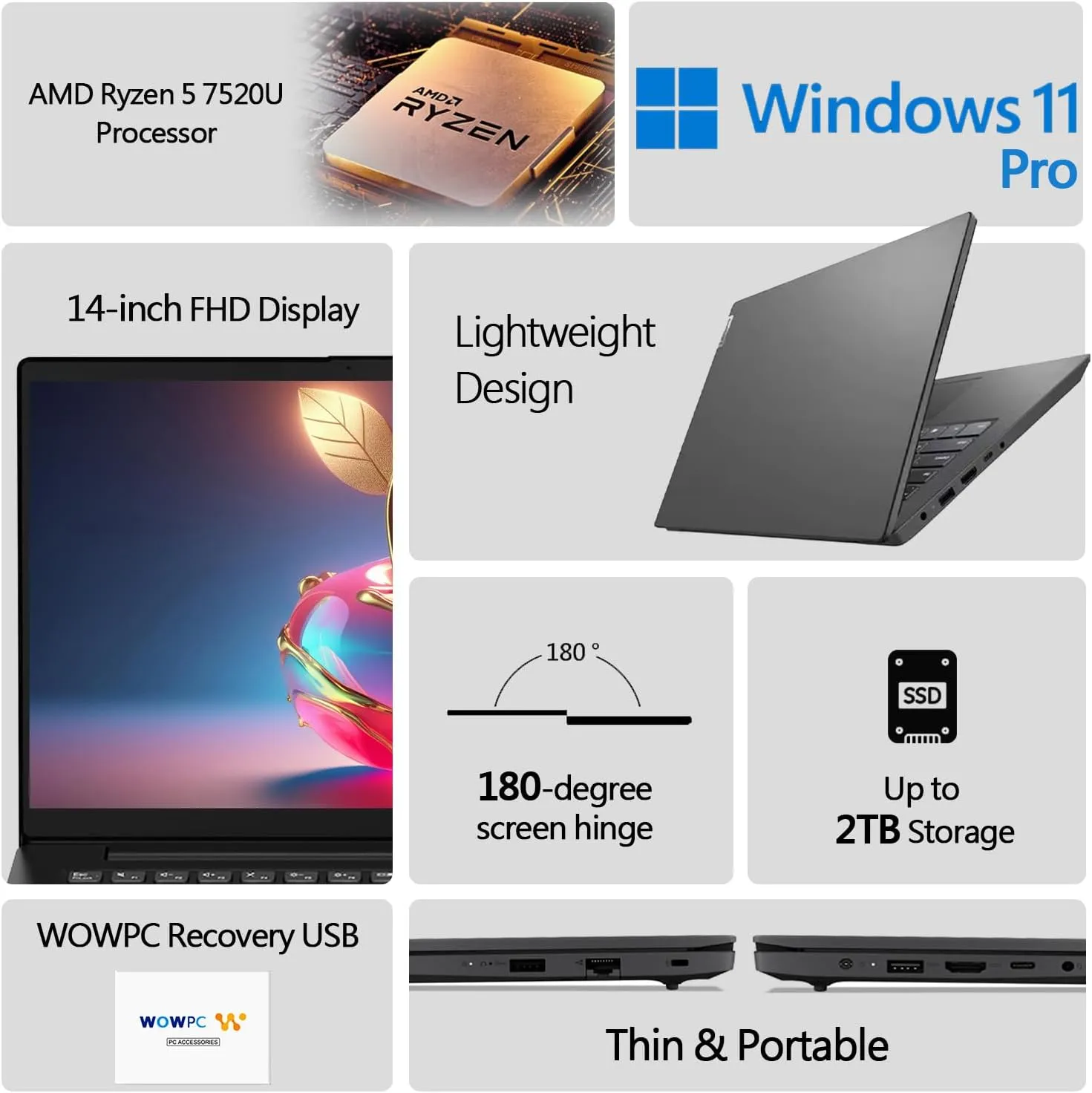 Lenovo V14 G4 Business Laptop, 14" FHD Anti-Glare Display, AMD Ryzen 5 7520U 4 Core (Beats i5-1130G7), 8GB DDR5 RAM, 256GB PCIe SSD, Ethernet Port (RJ-45), HDMI Port, Built-in Webcam, Windows 11 Pro