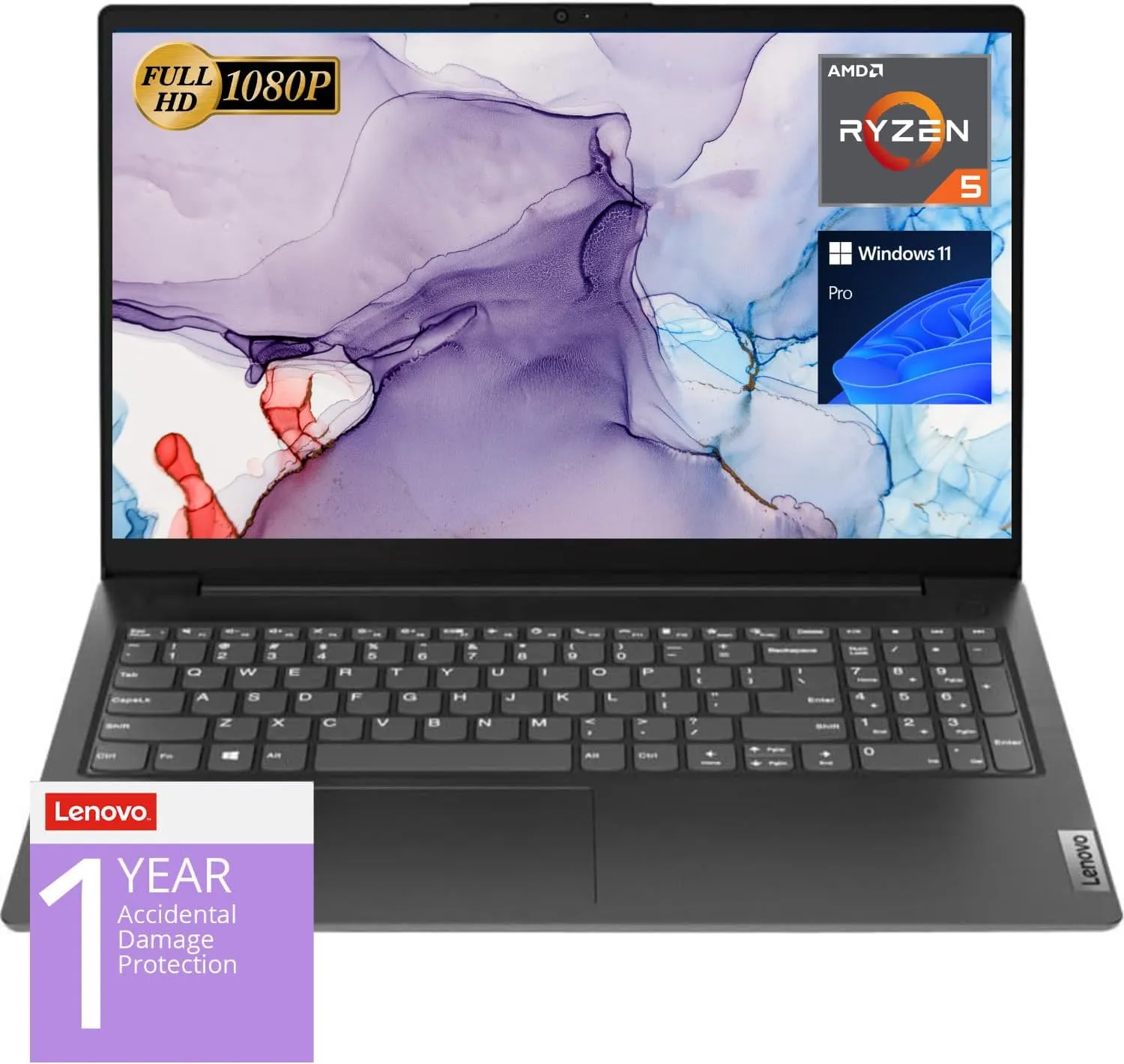 Lenovo V15 Laptop, 15.6" FHD Display, AMD Ryzen 5 5500U Hexa-core Processor (Beat i7-1065G7), 16GB RAM, 2TB SSD, RJ-45, Numeric Keypad, Wi-Fi, Windows 11 Pro, Black, Additional 1 Yr ADP